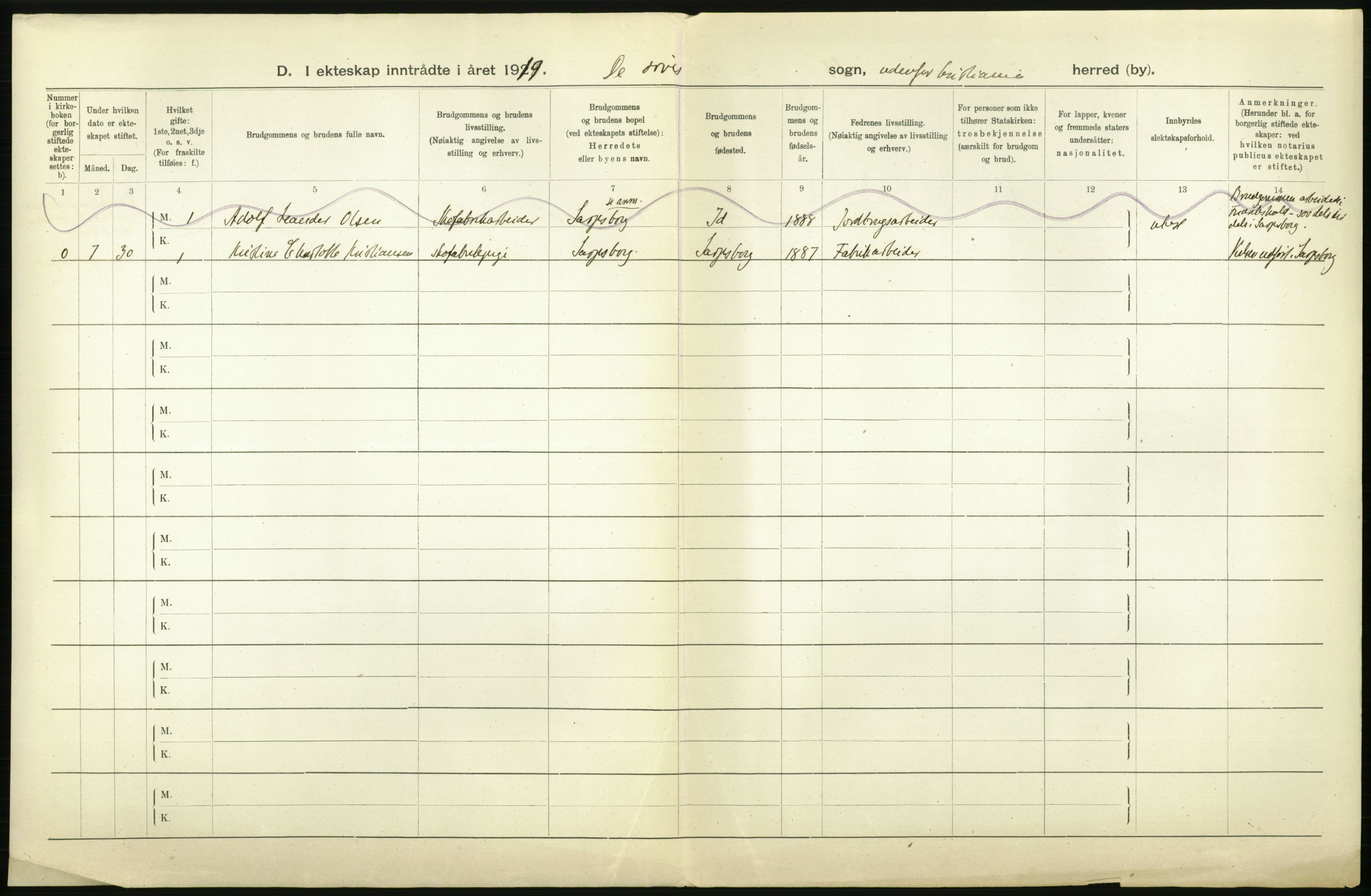 Statistisk sentralbyrå, Sosiodemografiske emner, Befolkning, RA/S-2228/D/Df/Dfb/Dfbi/L0009: Kristiania: Gifte, 1919, p. 752