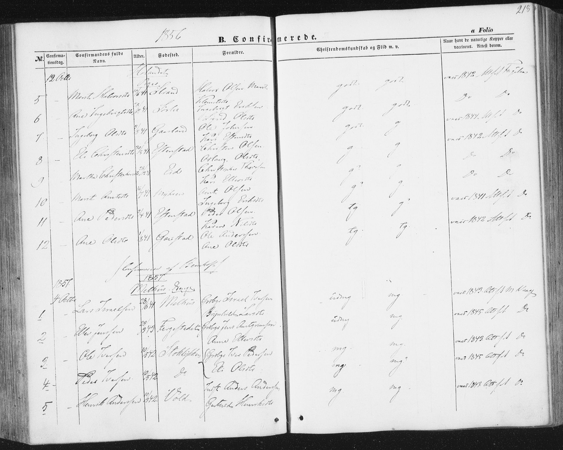 Ministerialprotokoller, klokkerbøker og fødselsregistre - Sør-Trøndelag, SAT/A-1456/691/L1076: Parish register (official) no. 691A08, 1852-1861, p. 218