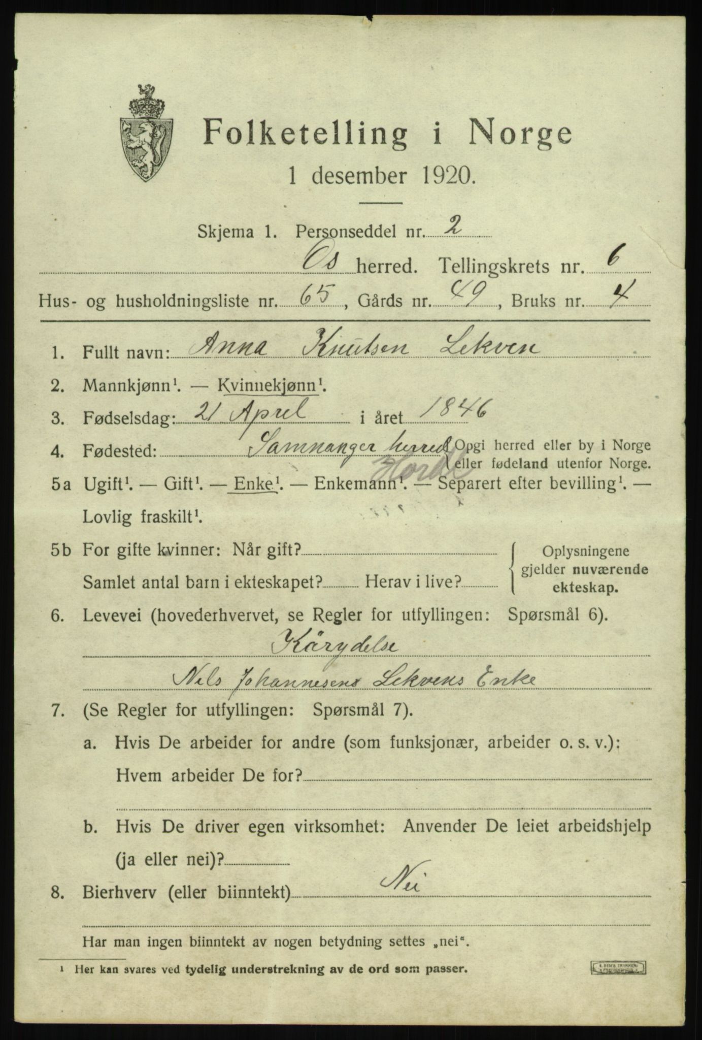 SAB, 1920 census for Os, 1920, p. 5696