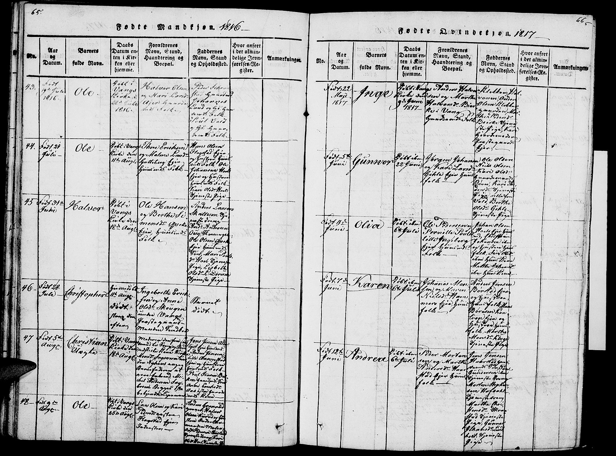 Vang prestekontor, Hedmark, AV/SAH-PREST-008/H/Ha/Haa/L0007: Parish register (official) no. 7, 1813-1826, p. 65-66