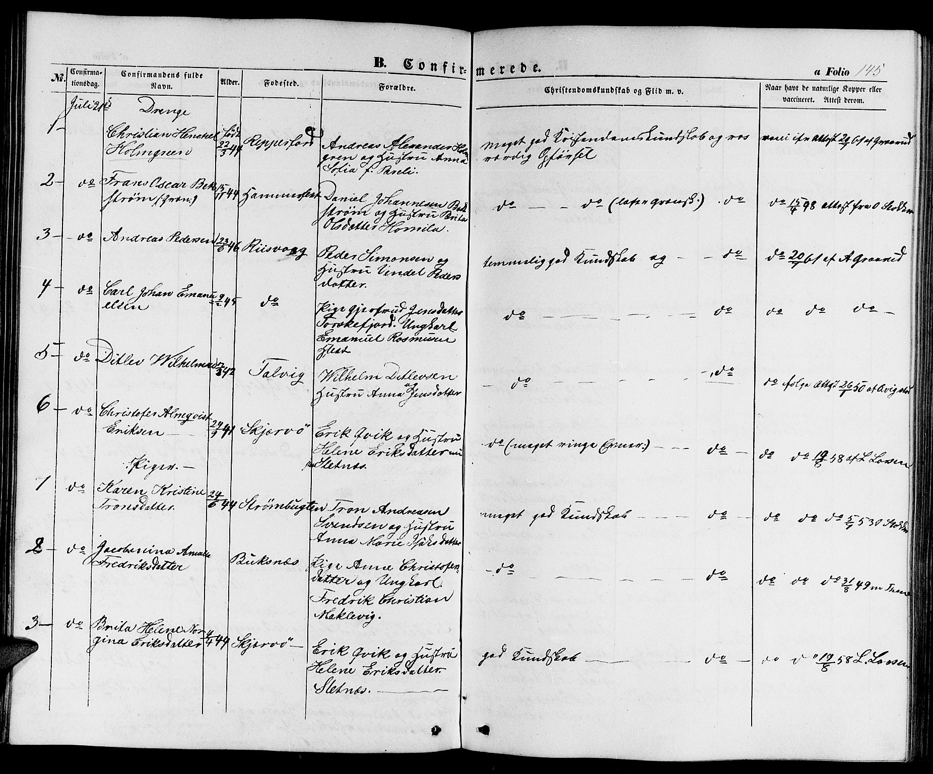 Hammerfest sokneprestkontor, AV/SATØ-S-1347/H/Hb/L0002.klokk: Parish register (copy) no. 2, 1851-1861, p. 145