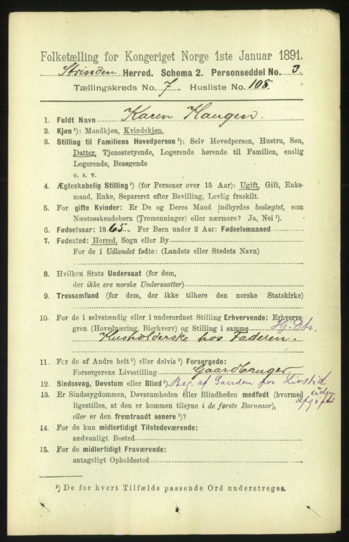 RA, 1891 census for 1660 Strinda, 1891, p. 6953