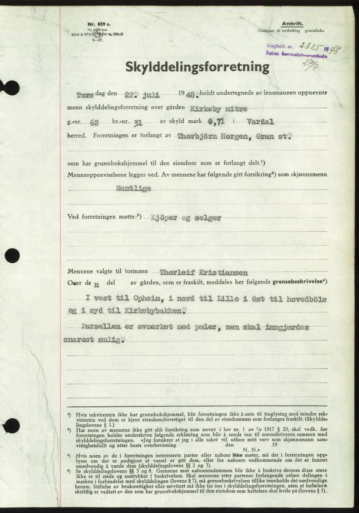 Toten tingrett, SAH/TING-006/H/Hb/Hbc/L0020: Mortgage book no. Hbc-20, 1948-1948, Diary no: : 2325/1948