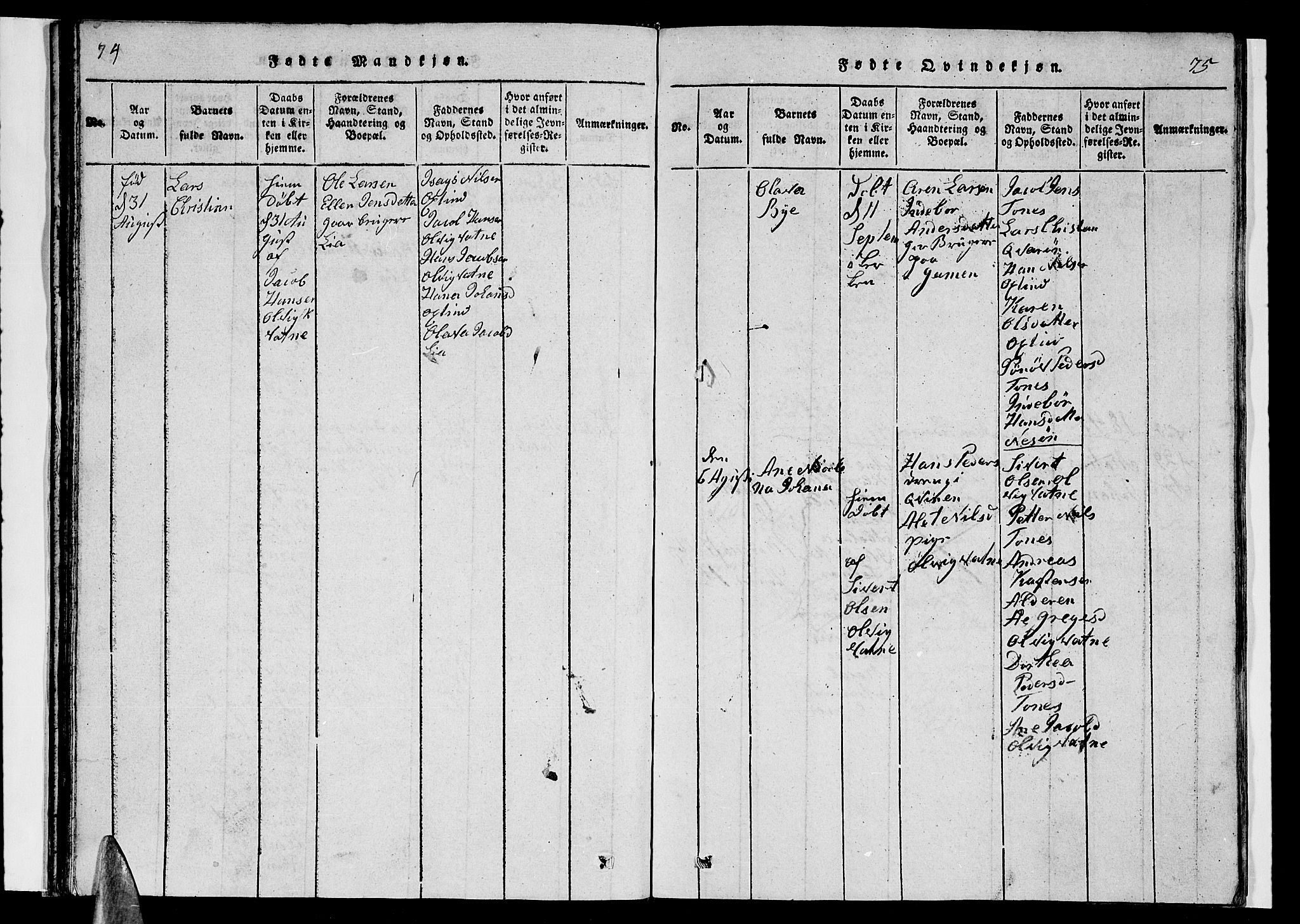 Ministerialprotokoller, klokkerbøker og fødselsregistre - Nordland, SAT/A-1459/839/L0571: Parish register (copy) no. 839C01, 1820-1840, p. 74-75