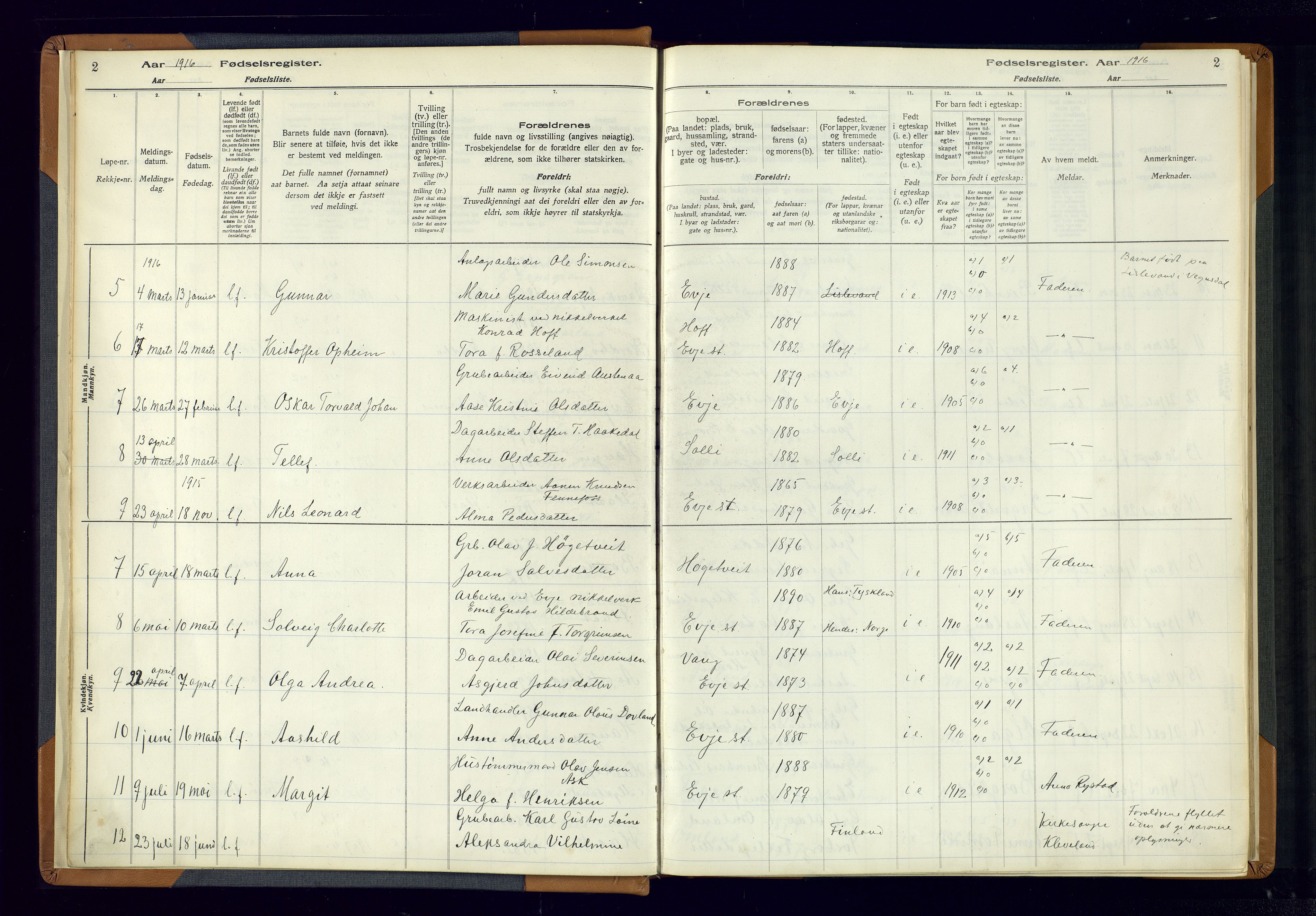 Evje sokneprestkontor, AV/SAK-1111-0008/J/Jc/L0004: Birth register no. 4, 1916-1968, p. 2