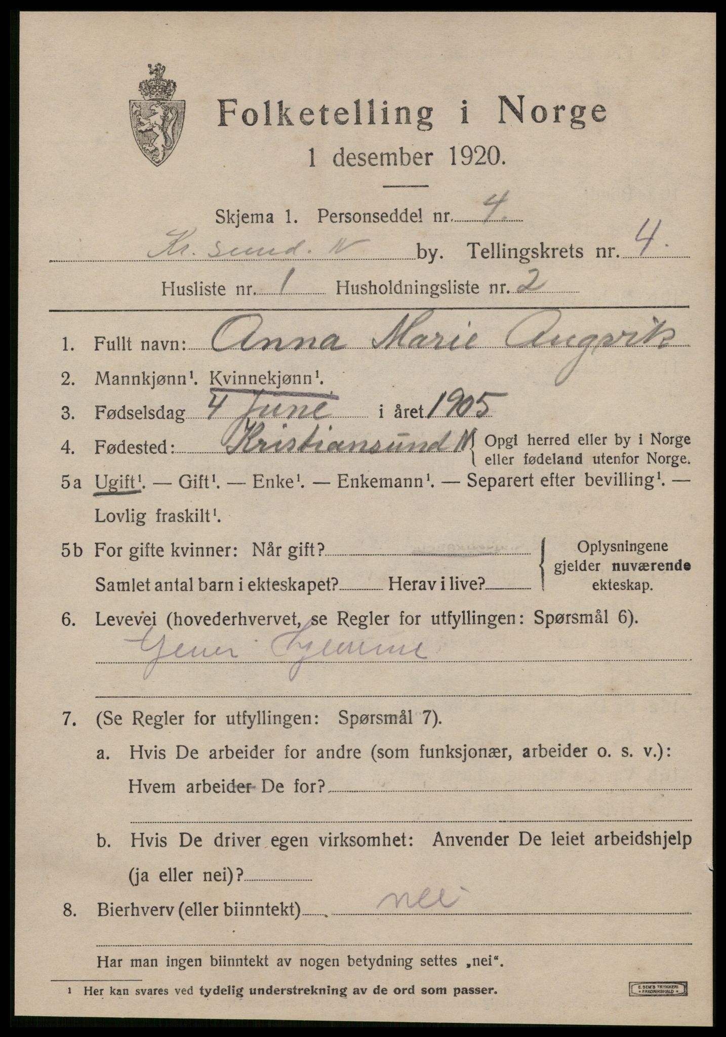 SAT, 1920 census for Kristiansund, 1920, p. 14907