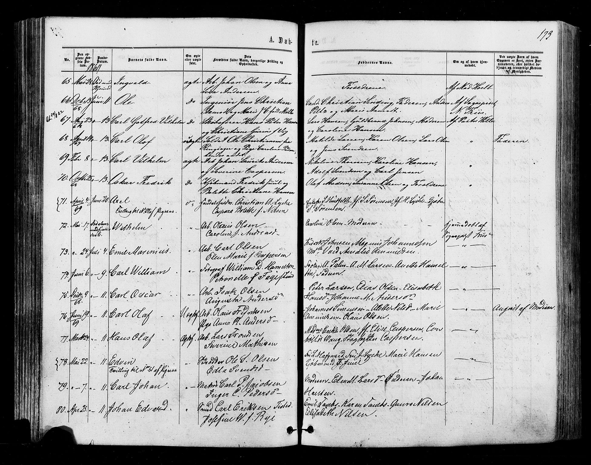 Halden prestekontor Kirkebøker, AV/SAO-A-10909/F/Fa/L0009: Parish register (official) no. I 9, 1866-1877, p. 173