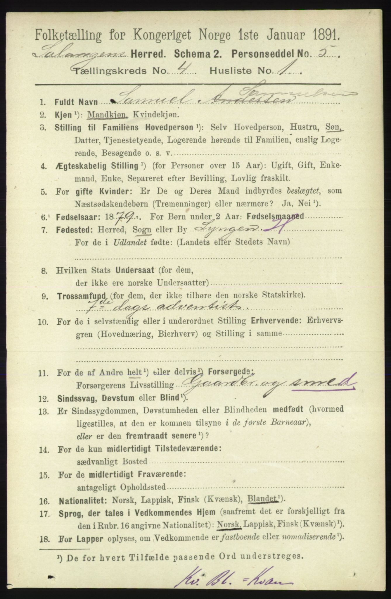 RA, 1891 census for 1921 Salangen, 1891, p. 1834