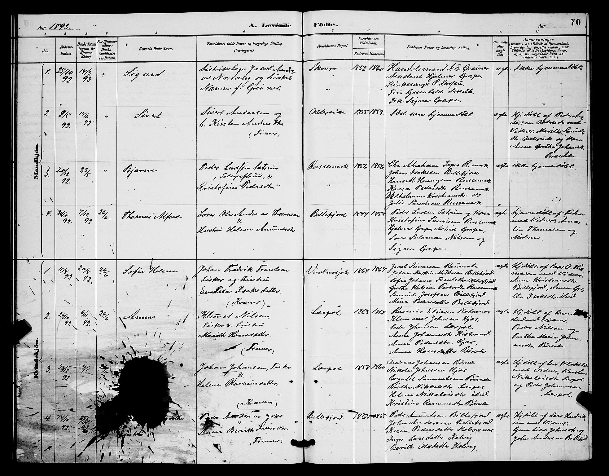 Kistrand/Porsanger sokneprestembete, AV/SATØ-S-1351/H/Hb/L0004.klokk: Parish register (copy) no. 4, 1885-1894, p. 70