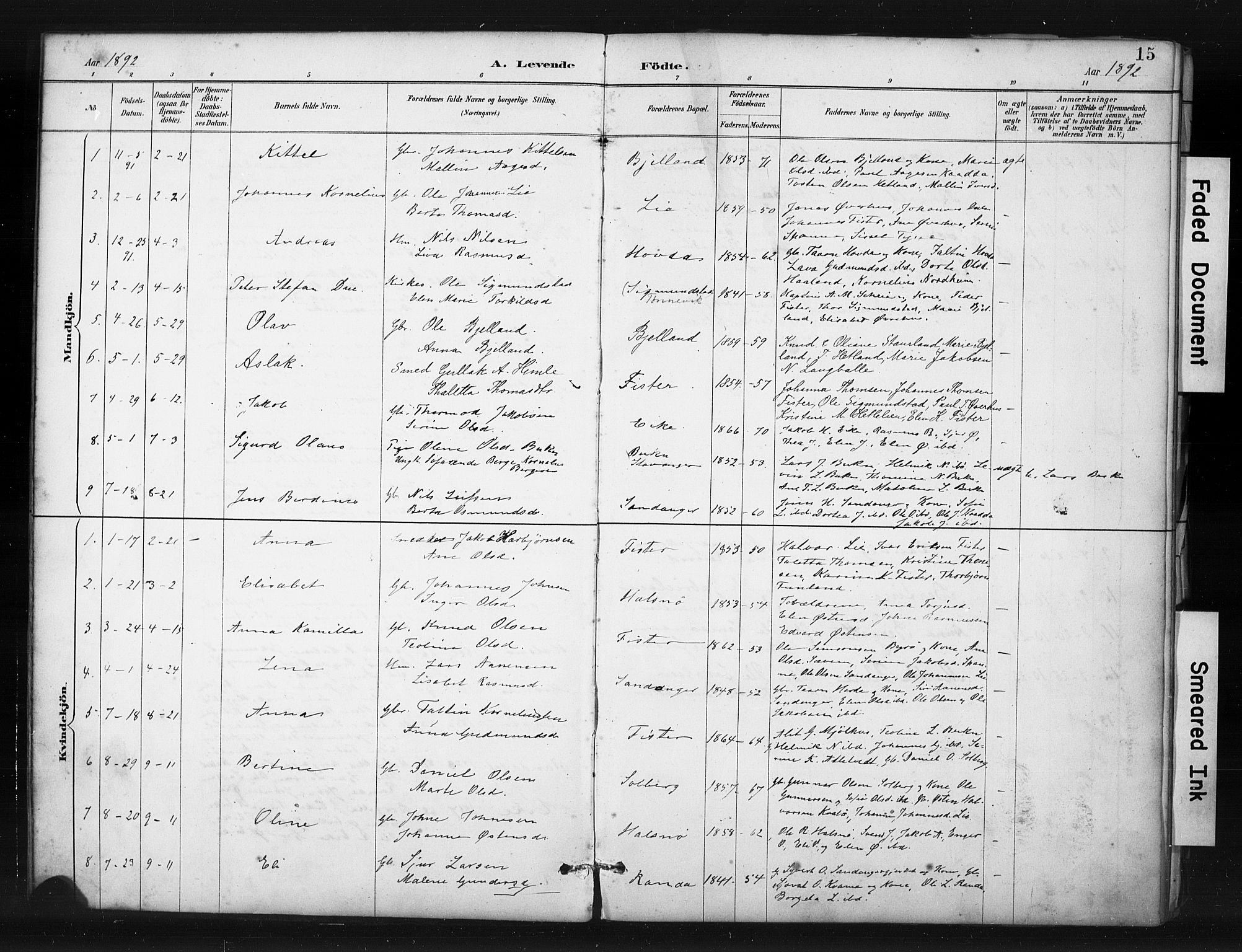 Hjelmeland sokneprestkontor, AV/SAST-A-101843/01/IV/L0015: Parish register (official) no. A 15, 1887-1910, p. 15