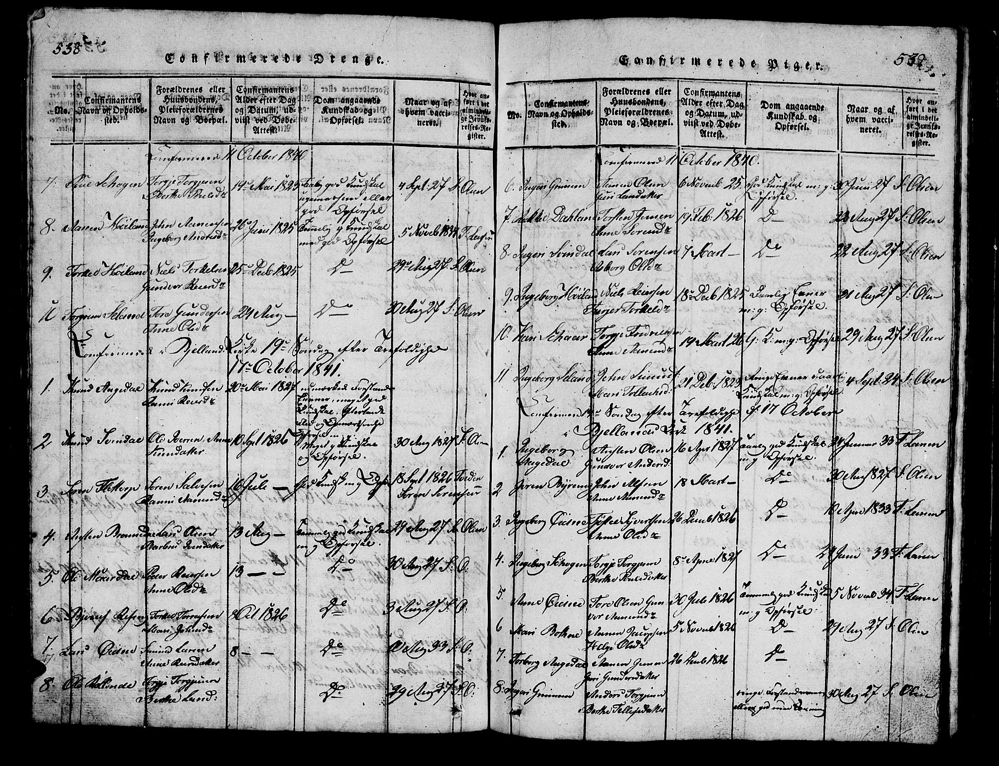 Bjelland sokneprestkontor, AV/SAK-1111-0005/F/Fb/Fbc/L0001: Parish register (copy) no. B 1, 1815-1870, p. 538-539