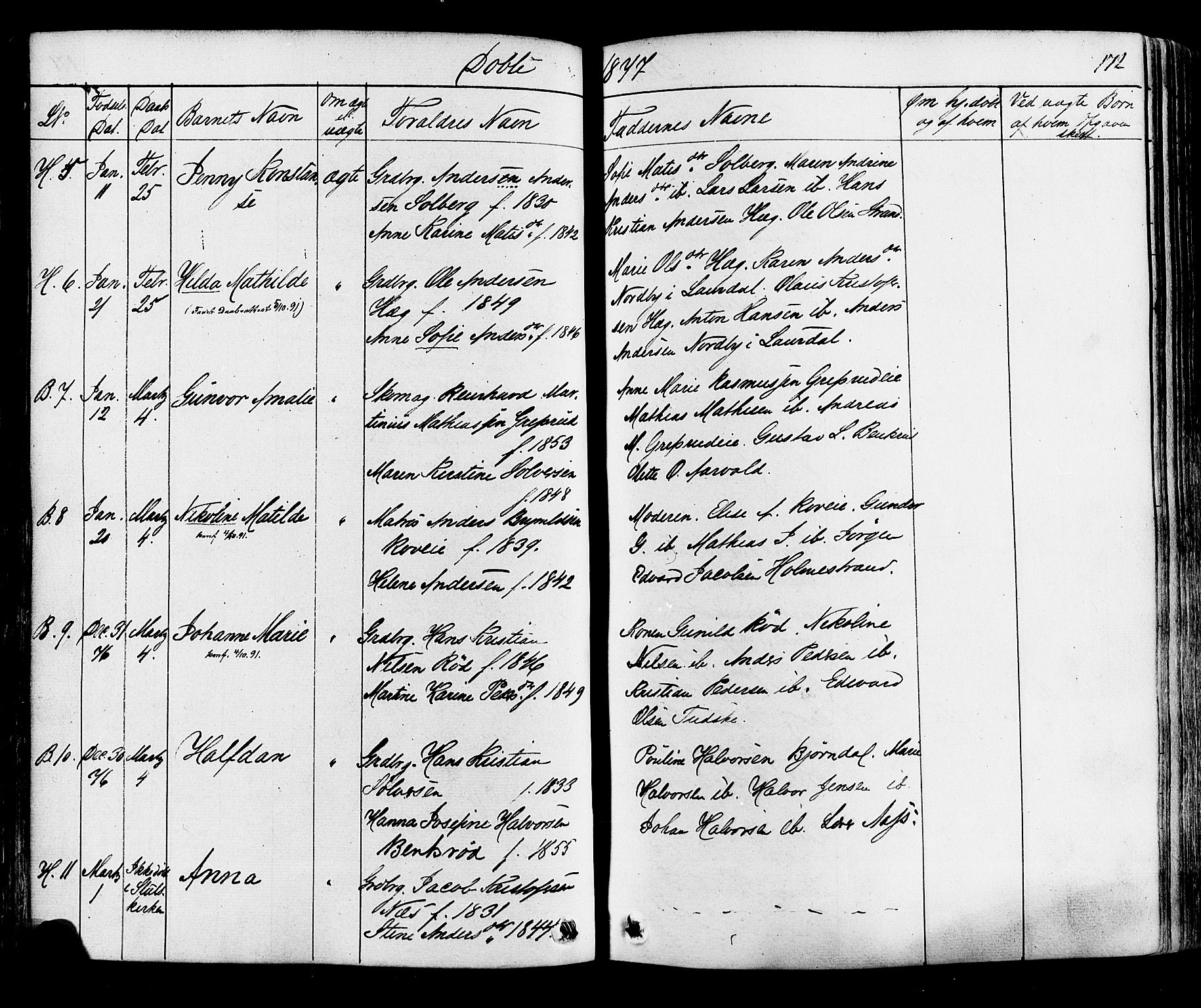 Botne kirkebøker, AV/SAKO-A-340/F/Fa/L0006: Parish register (official) no. I 6, 1836-1877, p. 172