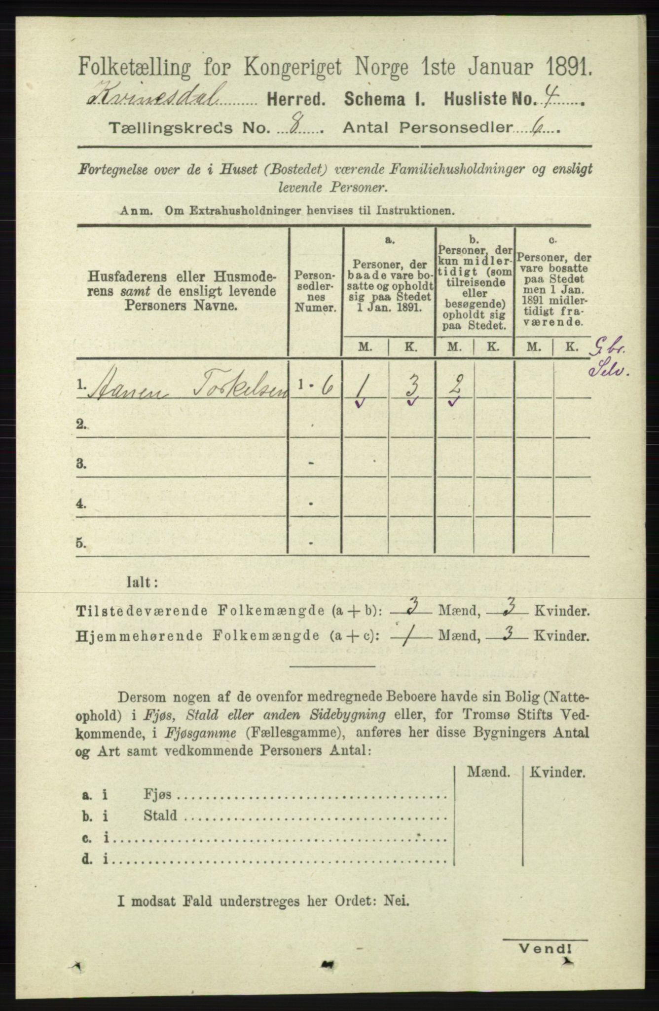 RA, 1891 census for 1037 Kvinesdal, 1891, p. 2695