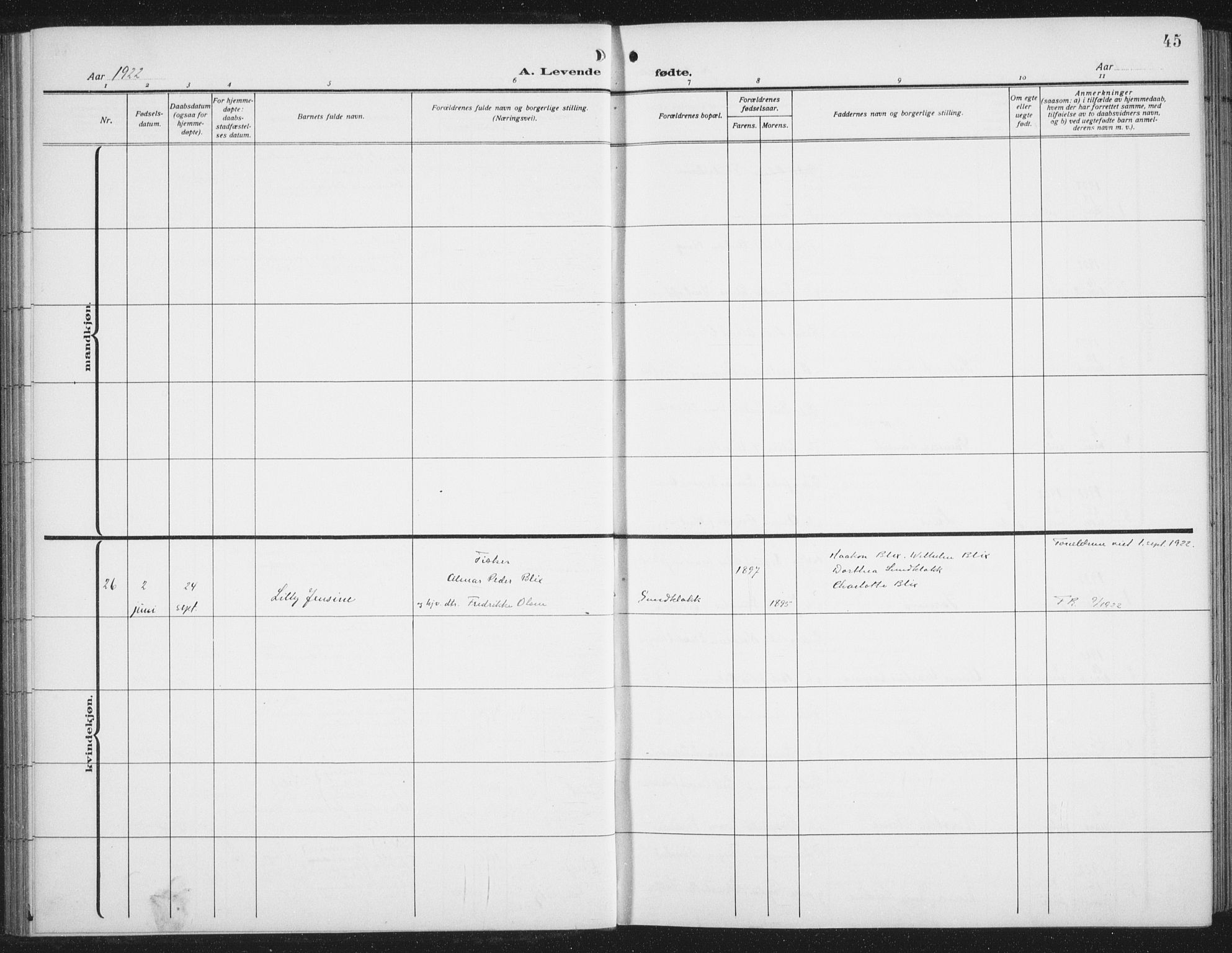 Ministerialprotokoller, klokkerbøker og fødselsregistre - Nordland, AV/SAT-A-1459/876/L1106: Parish register (copy) no. 876C05, 1915-1942, p. 45