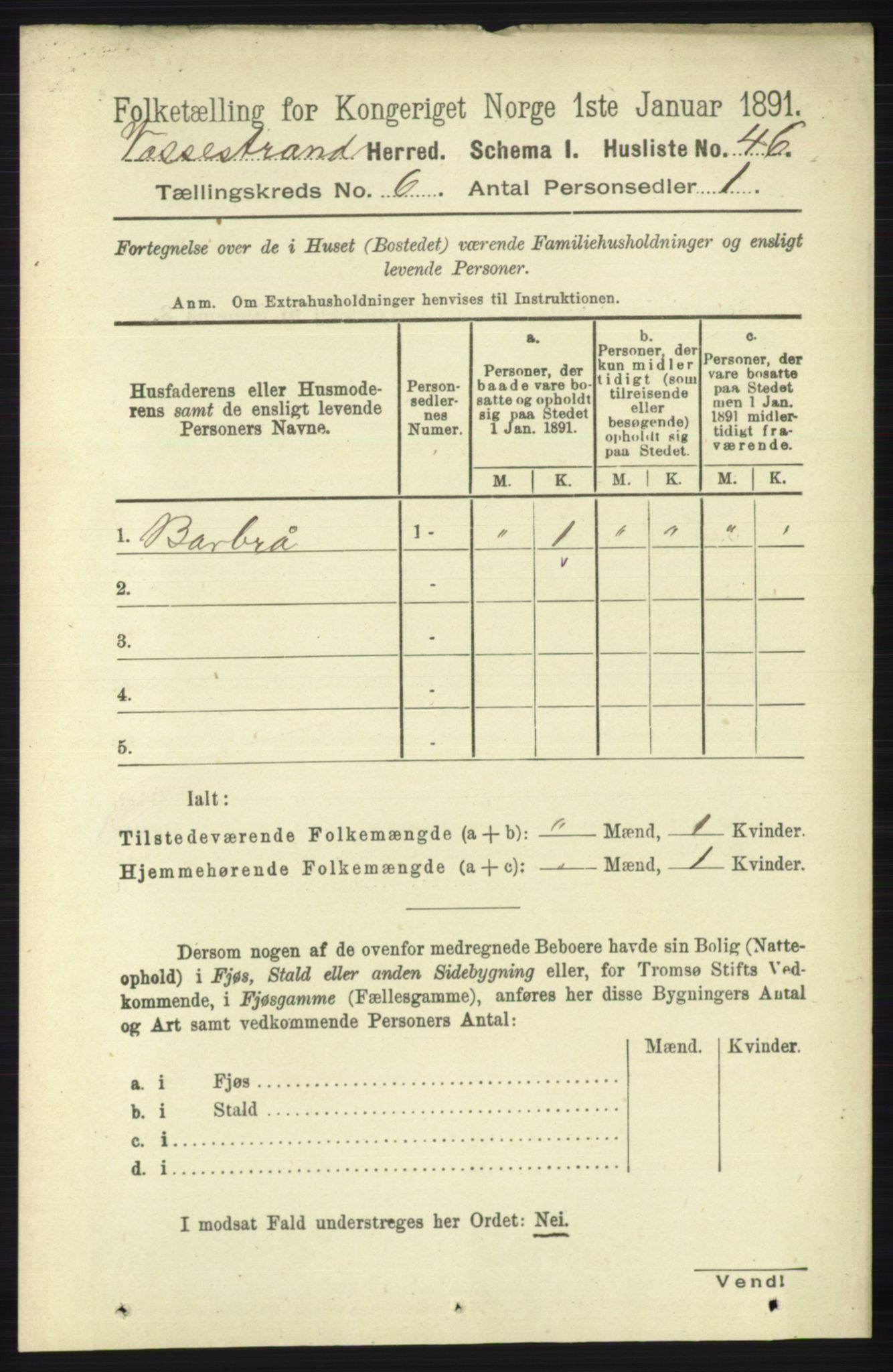 RA, 1891 census for 1236 Vossestrand, 1891, p. 2168