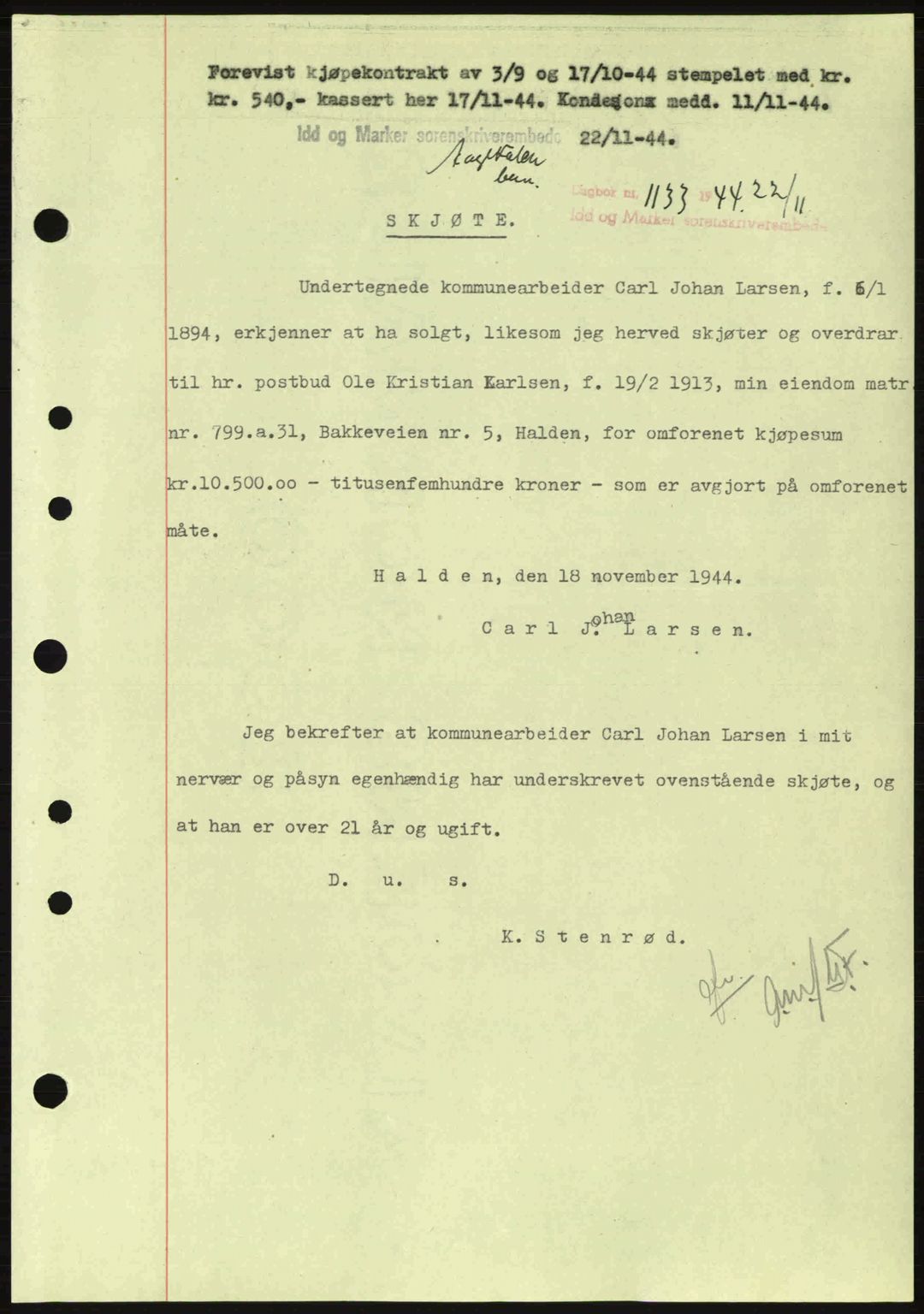 Idd og Marker sorenskriveri, AV/SAO-A-10283/G/Gb/Gbb/L0007: Mortgage book no. A7, 1944-1945, Diary no: : 1133/1944