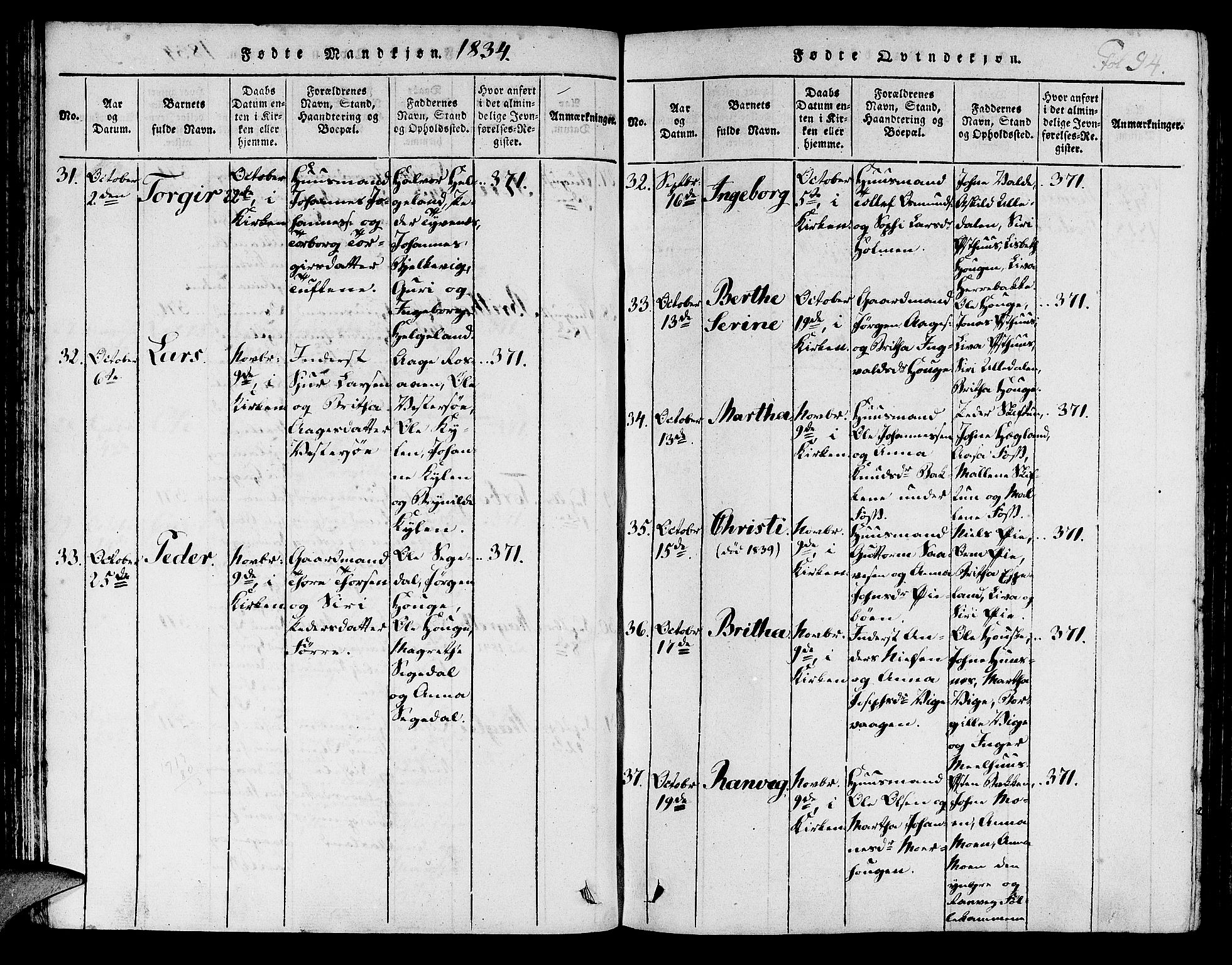 Hjelmeland sokneprestkontor, SAST/A-101843/01/IV/L0003: Parish register (official) no. A 3, 1816-1834, p. 94