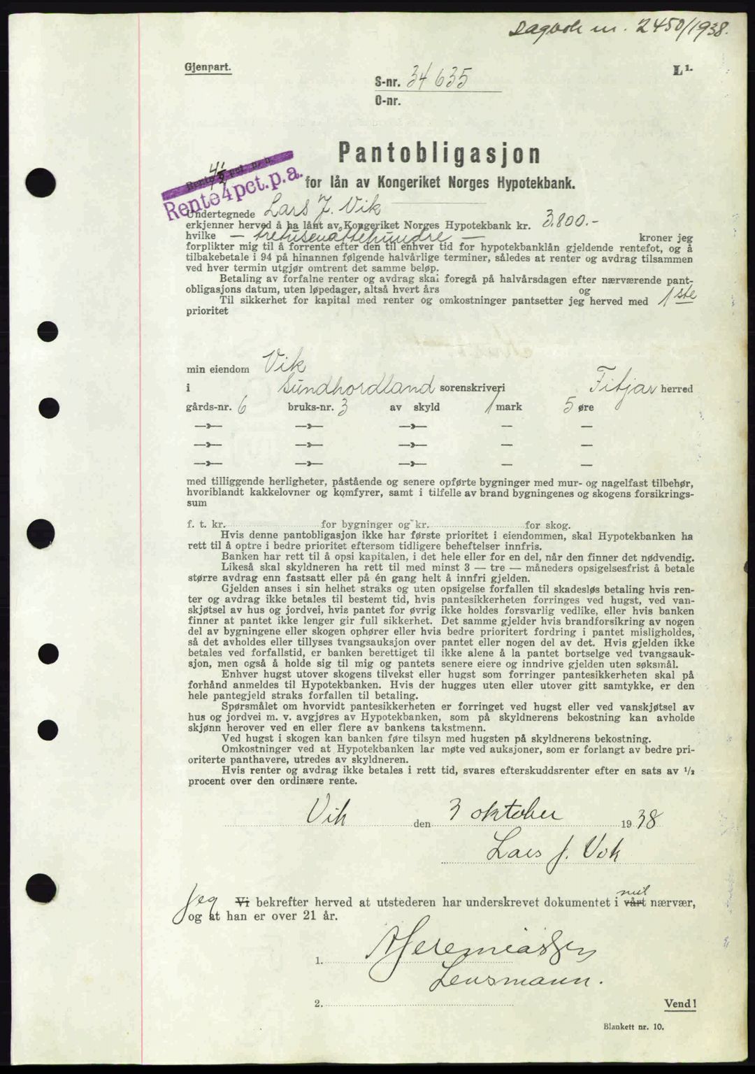 Sunnhordland sorenskrivar, SAB/A-2401: Mortgage book no. Ba, 1937-1945, Diary no: : 2450/1938