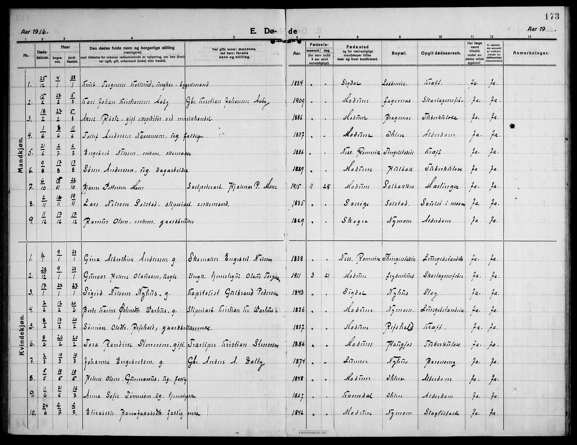 Modum kirkebøker, AV/SAKO-A-234/F/Fa/L0018: Parish register (official) no. 18, 1912-1924, p. 173