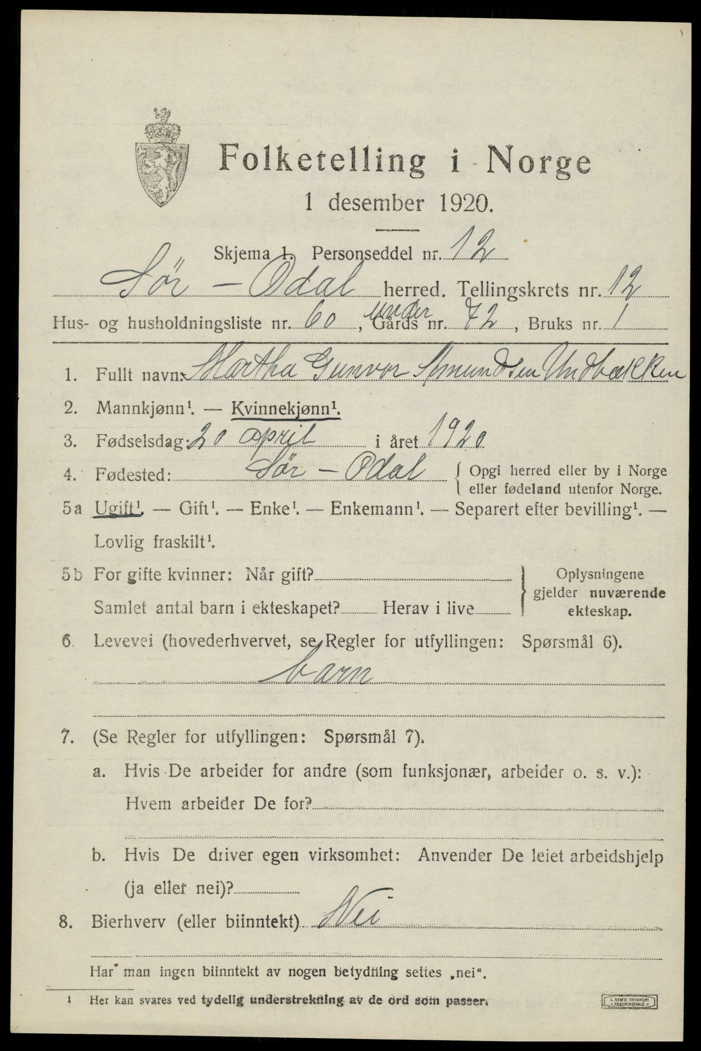 SAH, 1920 census for Sør-Odal, 1920, p. 12927