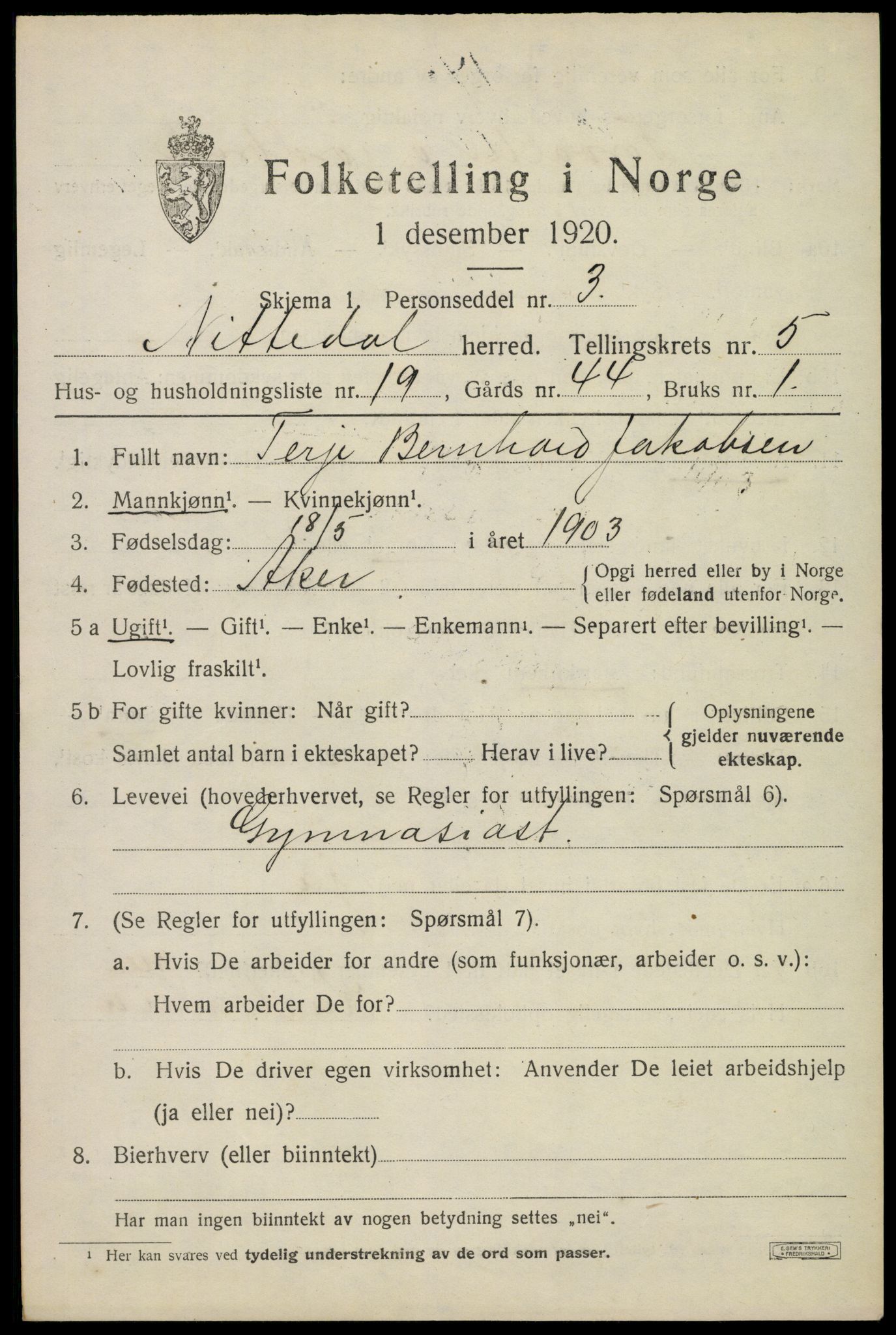 SAO, 1920 census for Nittedal, 1920, p. 6692