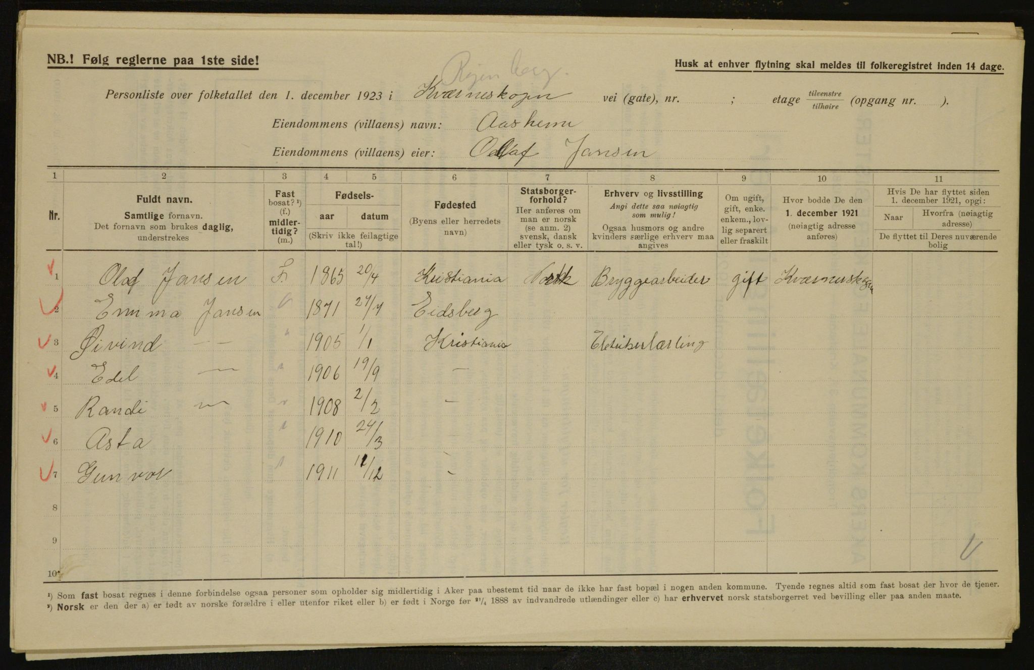 , Municipal Census 1923 for Aker, 1923, p. 29940