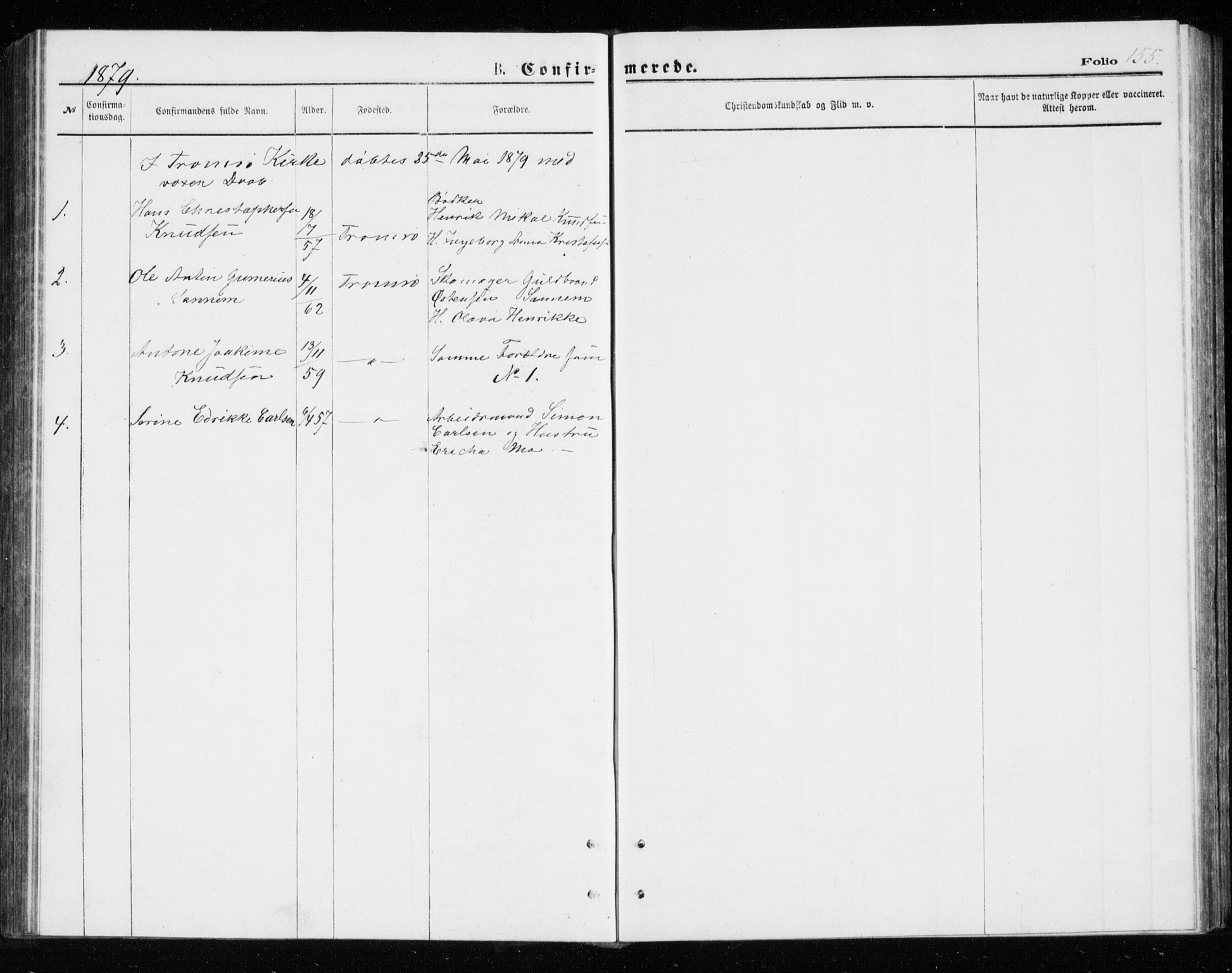 Tromsø sokneprestkontor/stiftsprosti/domprosti, AV/SATØ-S-1343/G/Gb/L0008klokker: Parish register (copy) no. 8, 1875-1879, p. 155