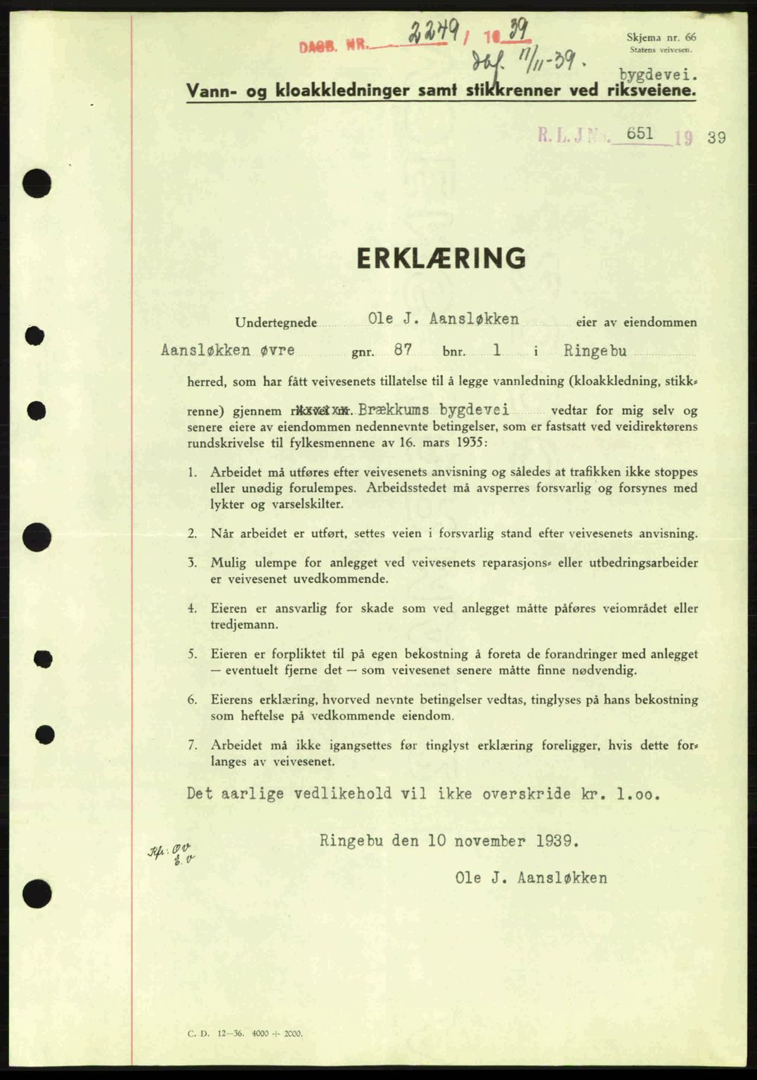 Sør-Gudbrandsdal tingrett, SAH/TING-004/H/Hb/Hbe/L0001: Mortgage book no. B1, 1936-1939, Diary no: : 2249/1939