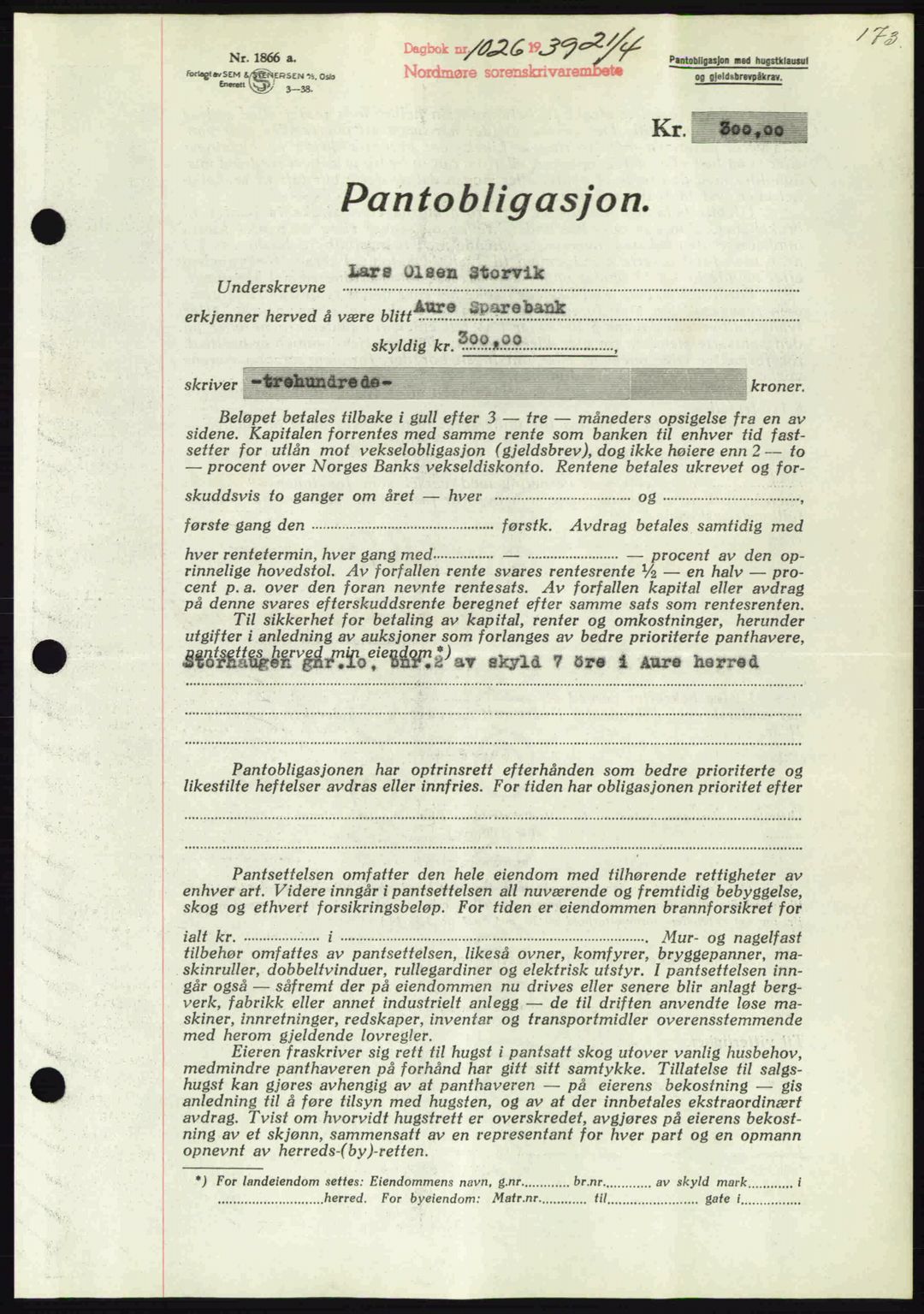 Nordmøre sorenskriveri, AV/SAT-A-4132/1/2/2Ca: Mortgage book no. B85, 1939-1939, Diary no: : 1026/1939