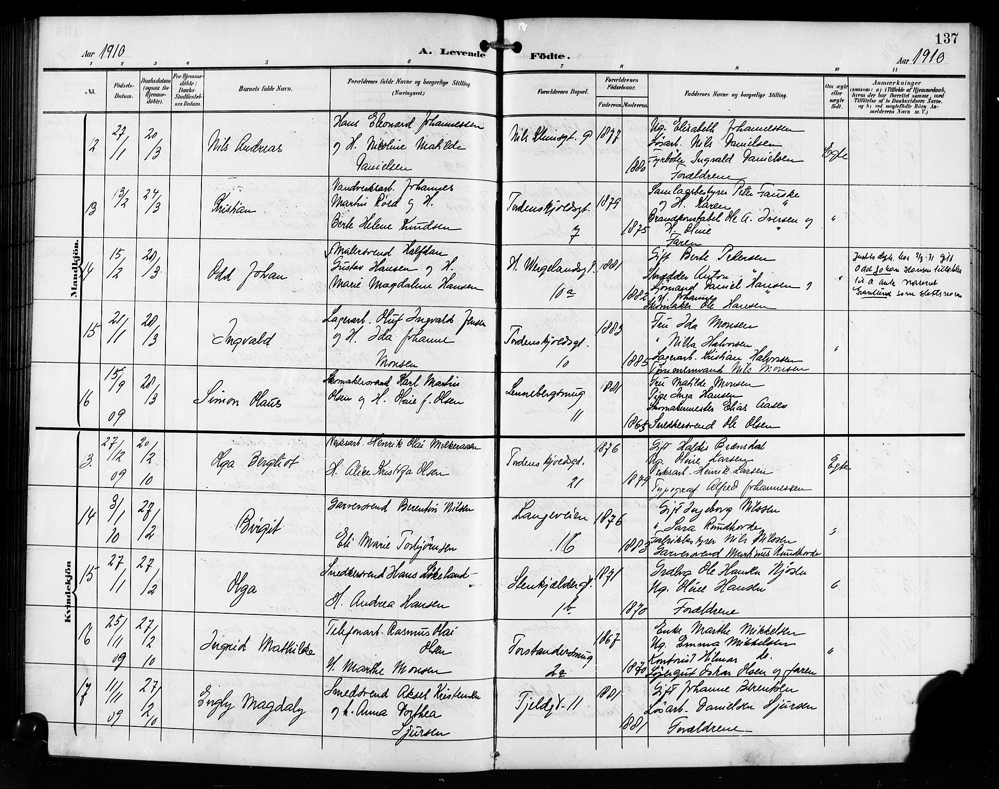 Korskirken sokneprestembete, AV/SAB-A-76101/H/Hab: Parish register (copy) no. B 11, 1905-1916, p. 137