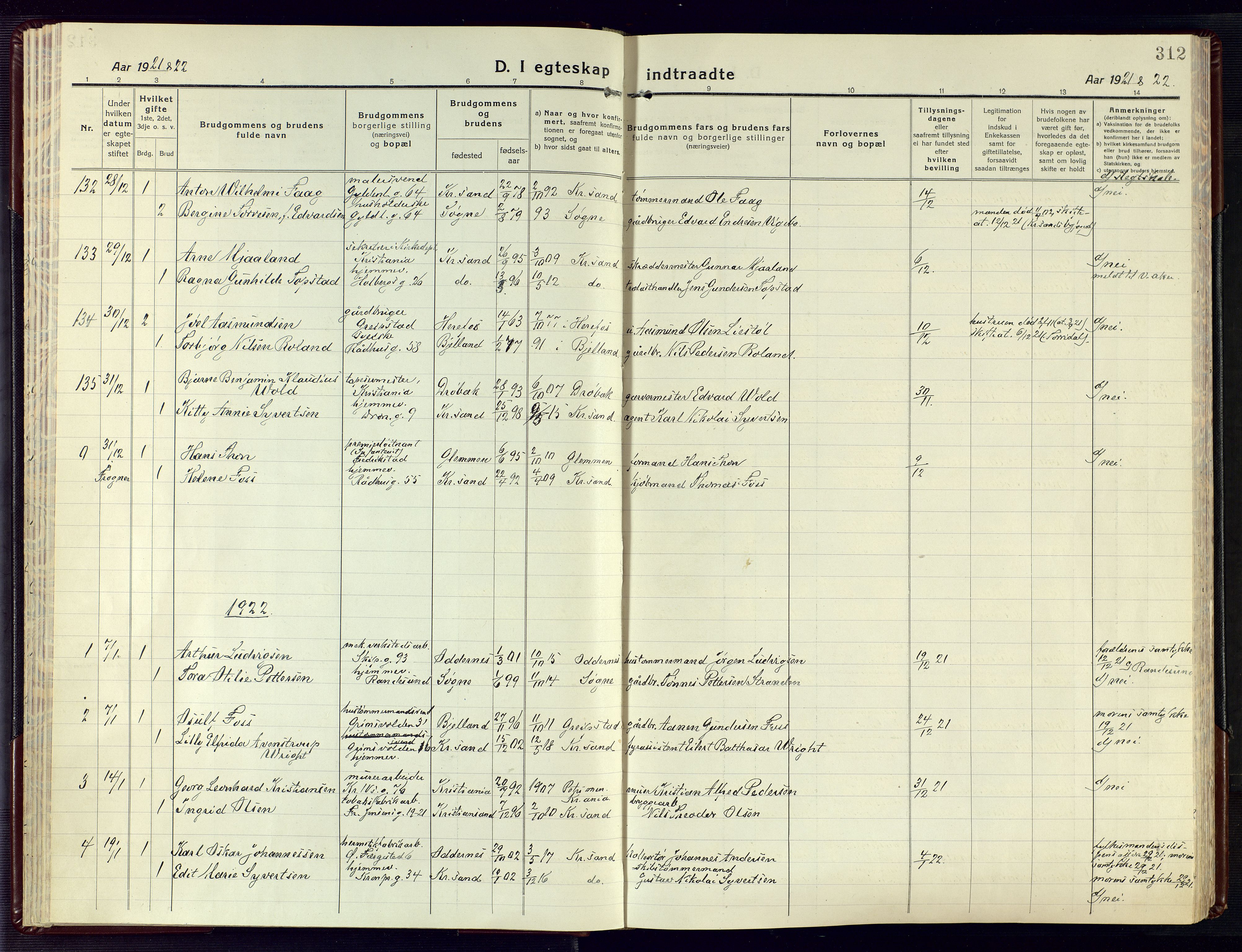 Kristiansand domprosti, AV/SAK-1112-0006/F/Fa/L0028: Parish register (official) no. A 27, 1917-1926, p. 312