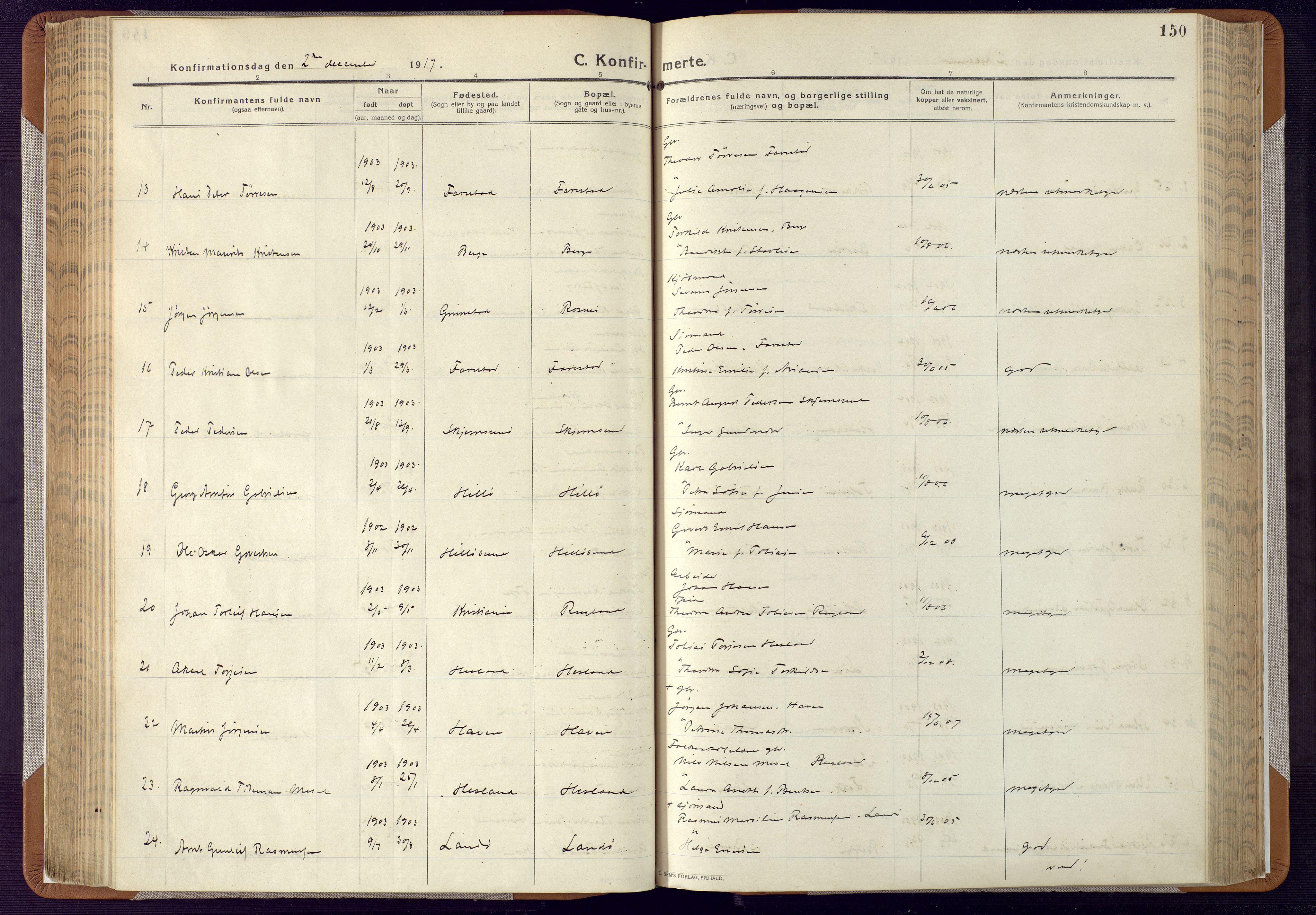 Mandal sokneprestkontor, AV/SAK-1111-0030/F/Fa/Faa/L0022: Parish register (official) no. A 22, 1913-1925, p. 150