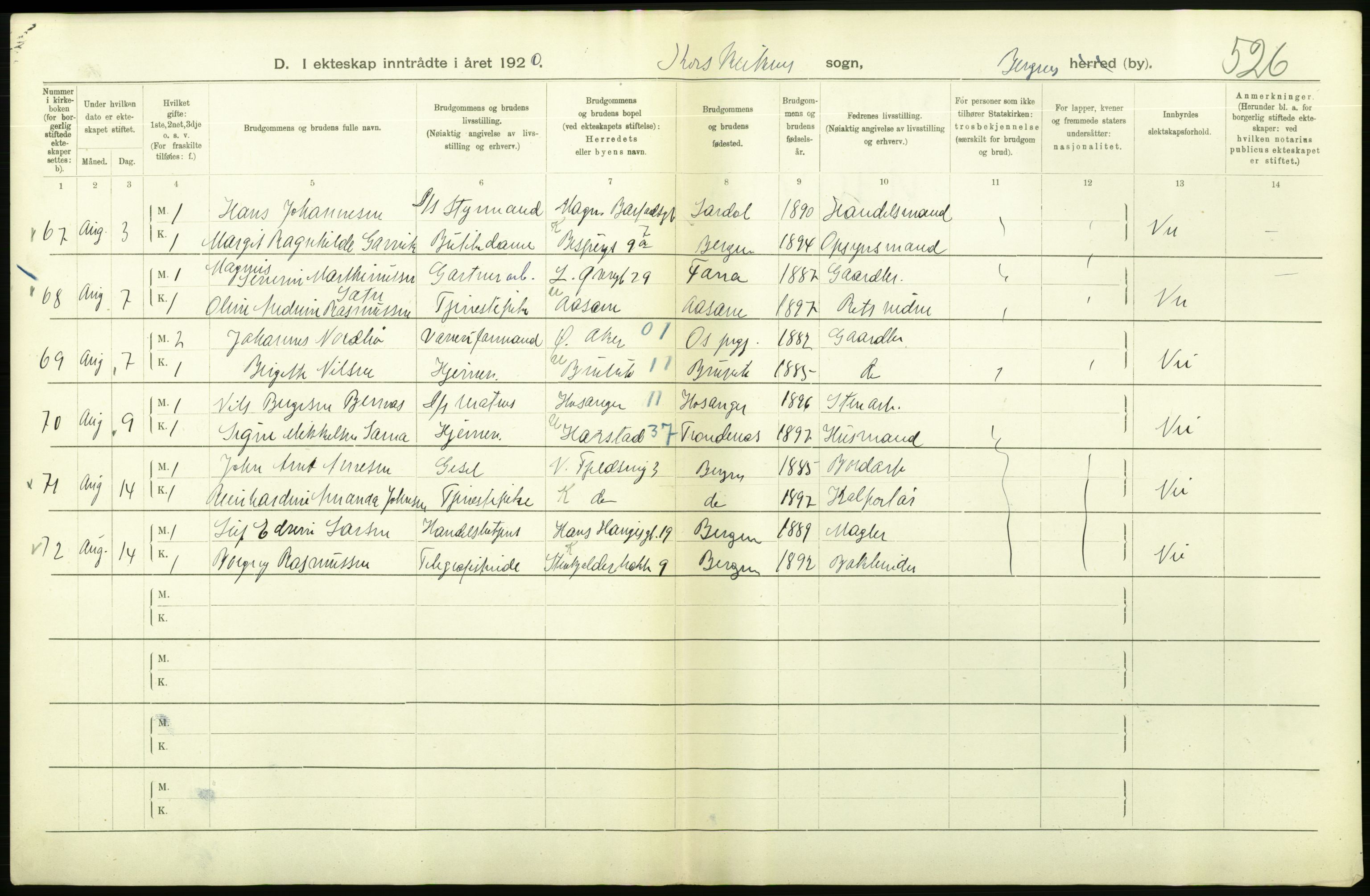 Statistisk sentralbyrå, Sosiodemografiske emner, Befolkning, AV/RA-S-2228/D/Df/Dfb/Dfbj/L0042: Bergen: Gifte, døde, dødfødte., 1920, p. 198