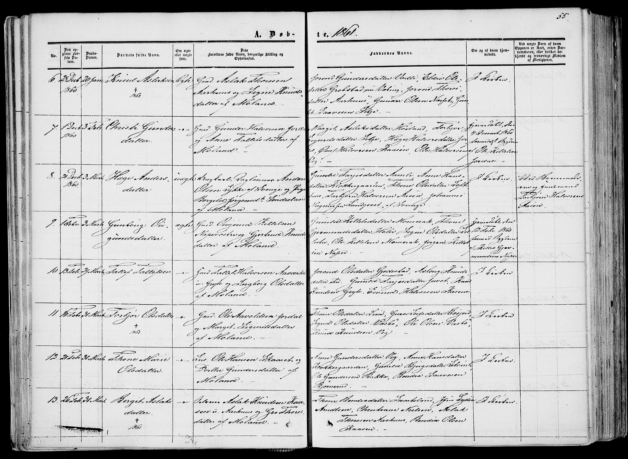 Fyresdal kirkebøker, AV/SAKO-A-263/F/Fa/L0005: Parish register (official) no. I 5, 1855-1871, p. 55