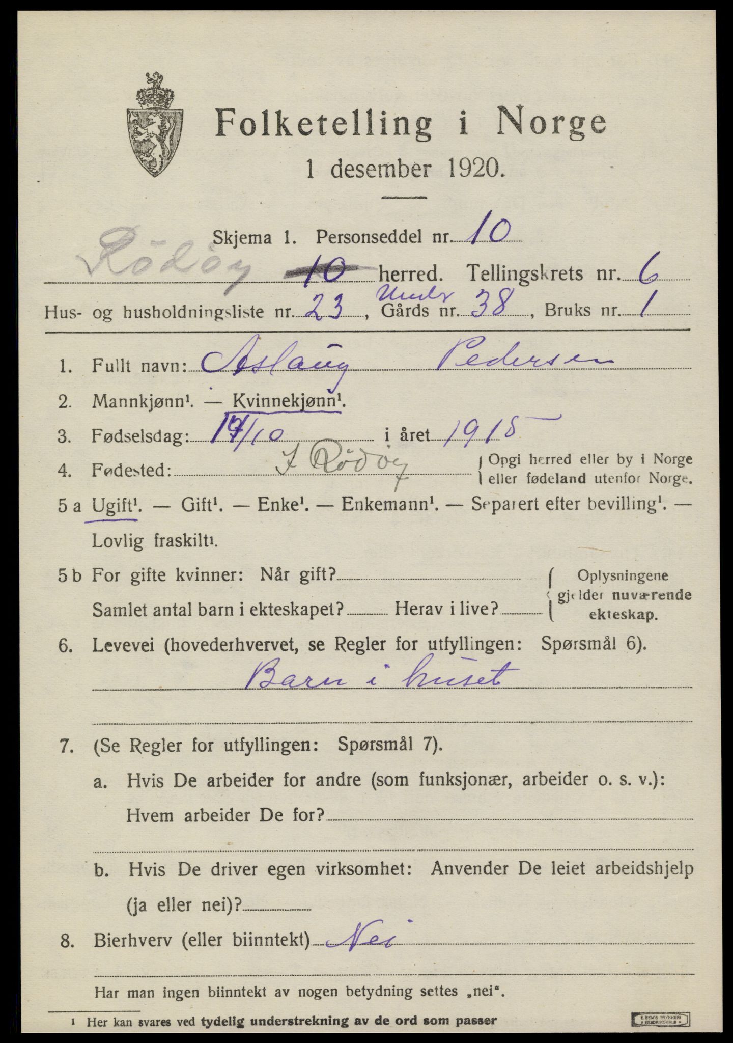 SAT, 1920 census for Rødøy, 1920, p. 3722