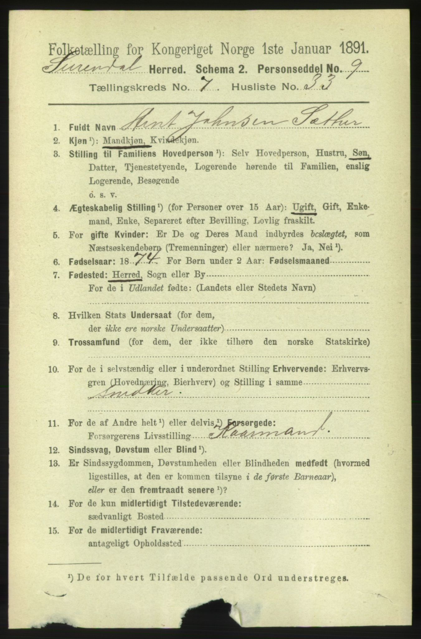 RA, 1891 census for 1566 Surnadal, 1891, p. 2024