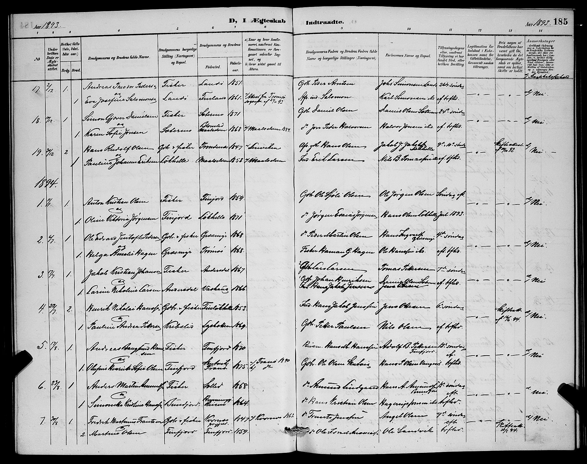 Lenvik sokneprestembete, SATØ/S-1310/H/Ha/Hab/L0007klokker: Parish register (copy) no. 7, 1890-1898, p. 185