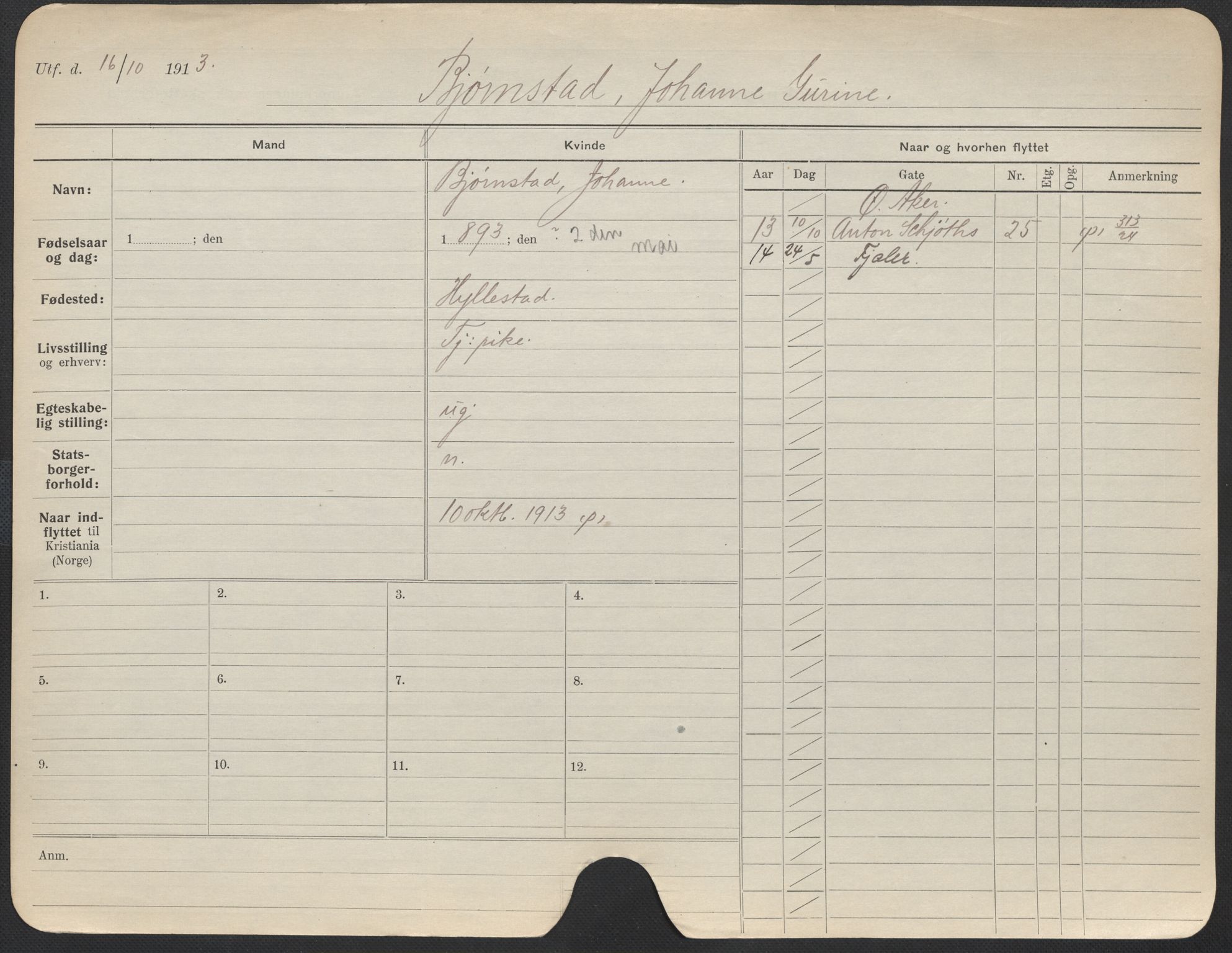 Oslo folkeregister, Registerkort, AV/SAO-A-11715/F/Fa/Fac/L0013: Kvinner, 1906-1914, p. 502a