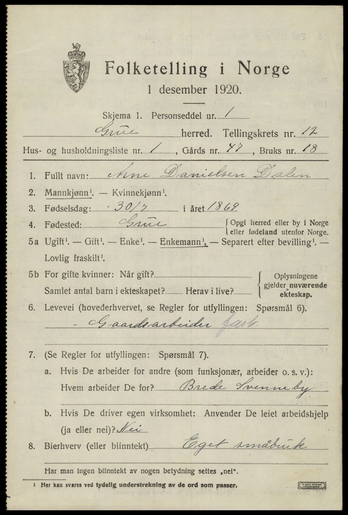 SAH, 1920 census for Grue, 1920, p. 10505