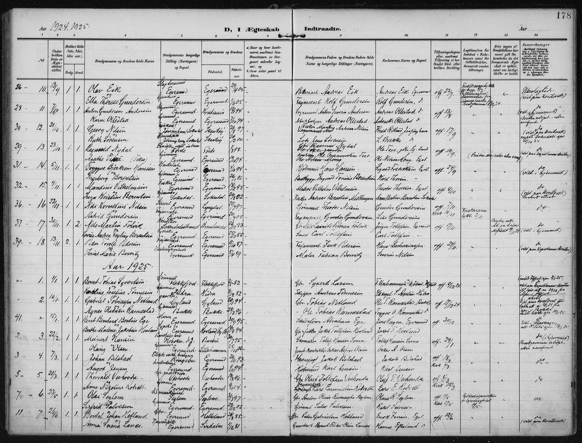 Eigersund sokneprestkontor, SAST/A-101807/S08/L0022: Parish register (official) no. A 21, 1905-1928, p. 178