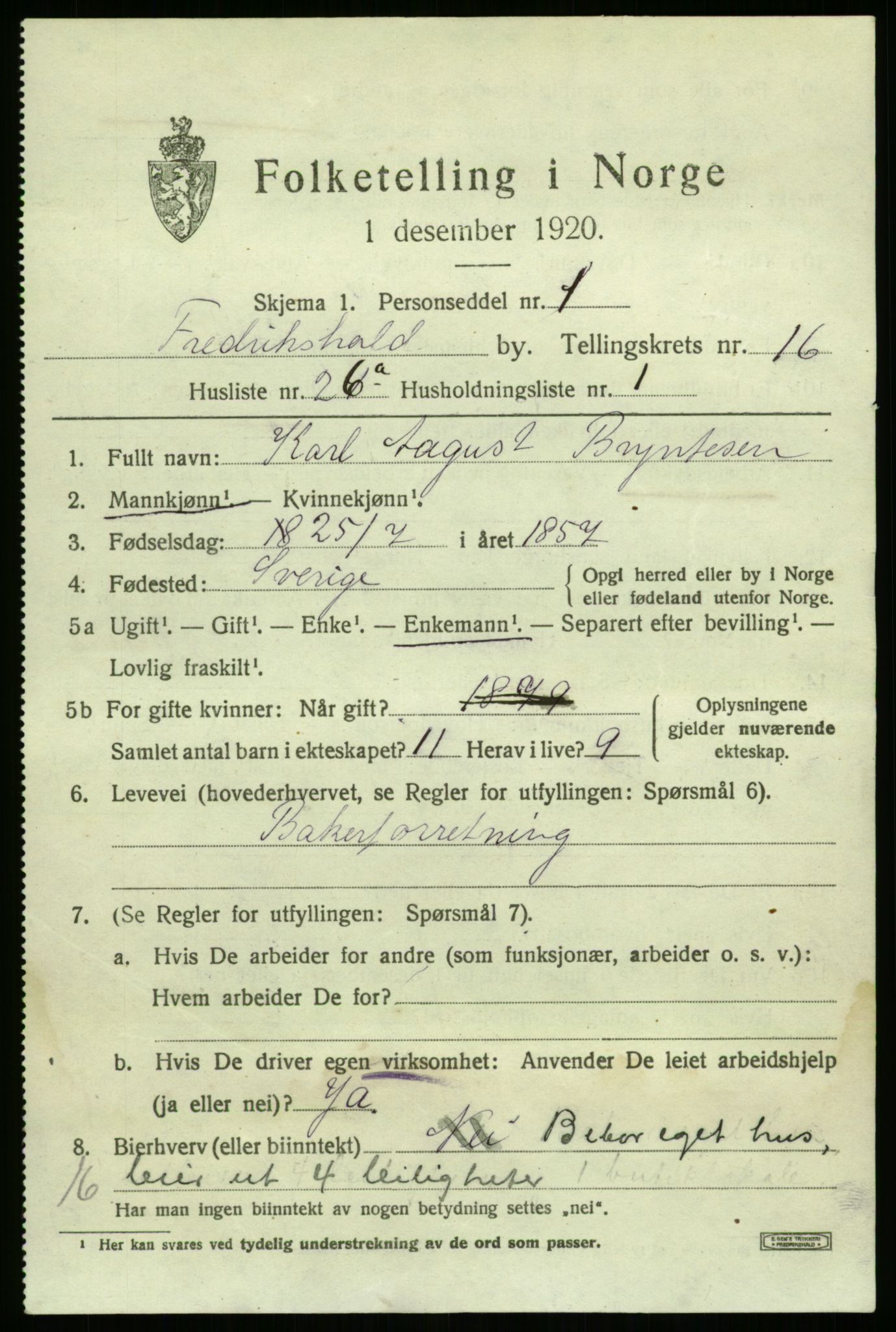 RA, 1920 census: Additional forms, 1920, p. 1