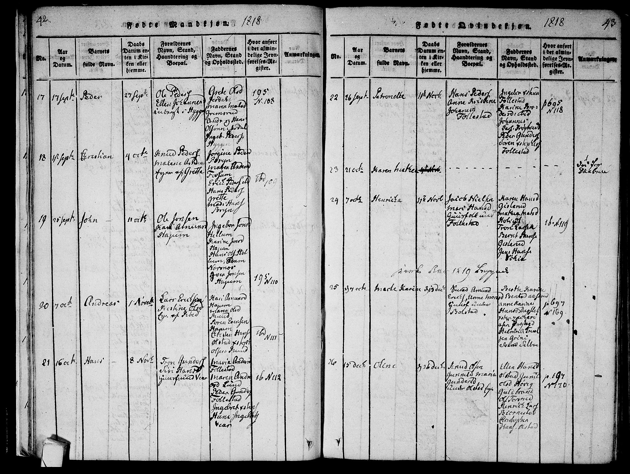 Røyken kirkebøker, AV/SAKO-A-241/F/Fa/L0004: Parish register (official) no. 4, 1814-1832, p. 42-43