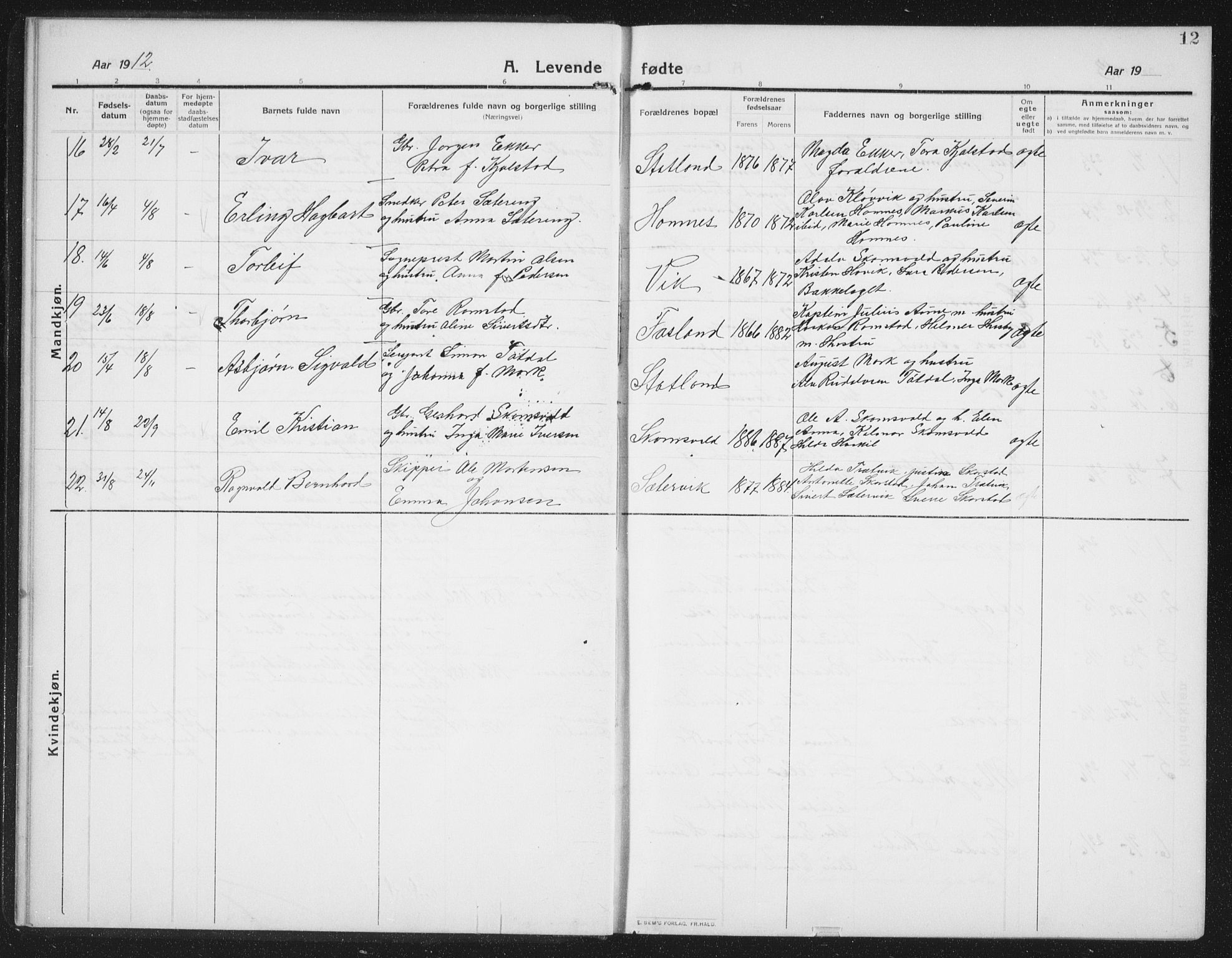 Ministerialprotokoller, klokkerbøker og fødselsregistre - Nord-Trøndelag, SAT/A-1458/774/L0630: Parish register (copy) no. 774C01, 1910-1934, p. 12