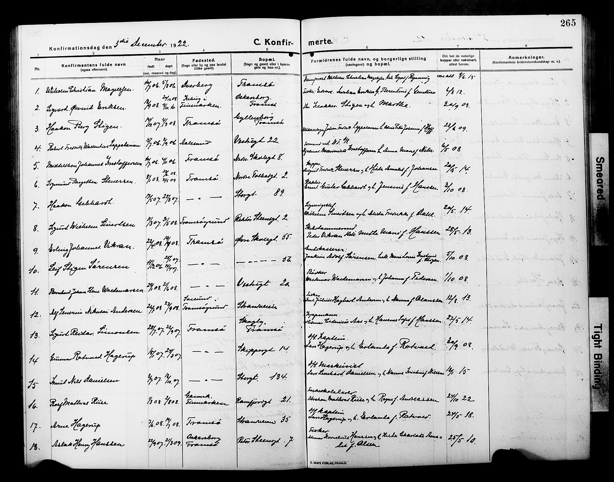 Tromsø sokneprestkontor/stiftsprosti/domprosti, AV/SATØ-S-1343/G/Gb/L0009klokker: Parish register (copy) no. 9, 1915-1925, p. 265