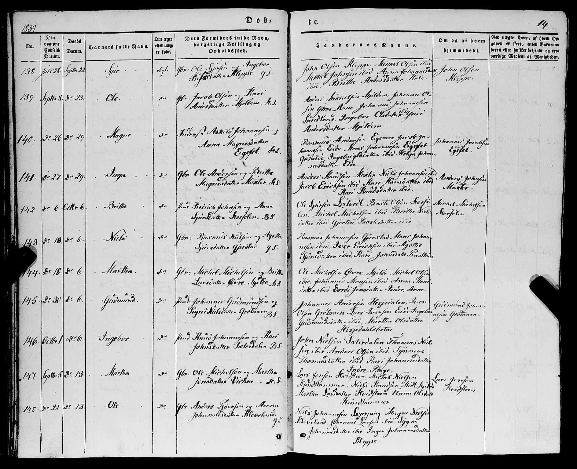 Haus sokneprestembete, AV/SAB-A-75601/H/Haa: Parish register (official) no. A 15, 1838-1847, p. 14