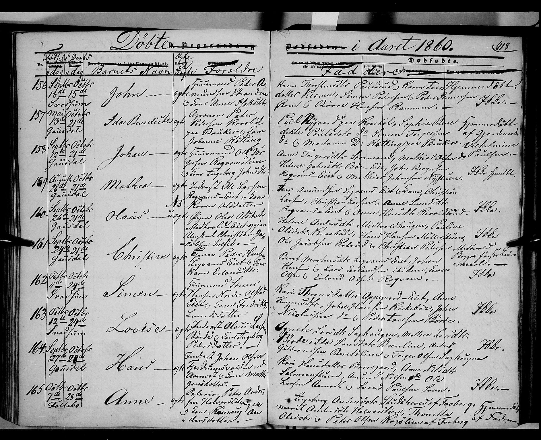 Gausdal prestekontor, SAH/PREST-090/H/Ha/Haa/L0008: Parish register (official) no. 8, 1850-1861, p. 418