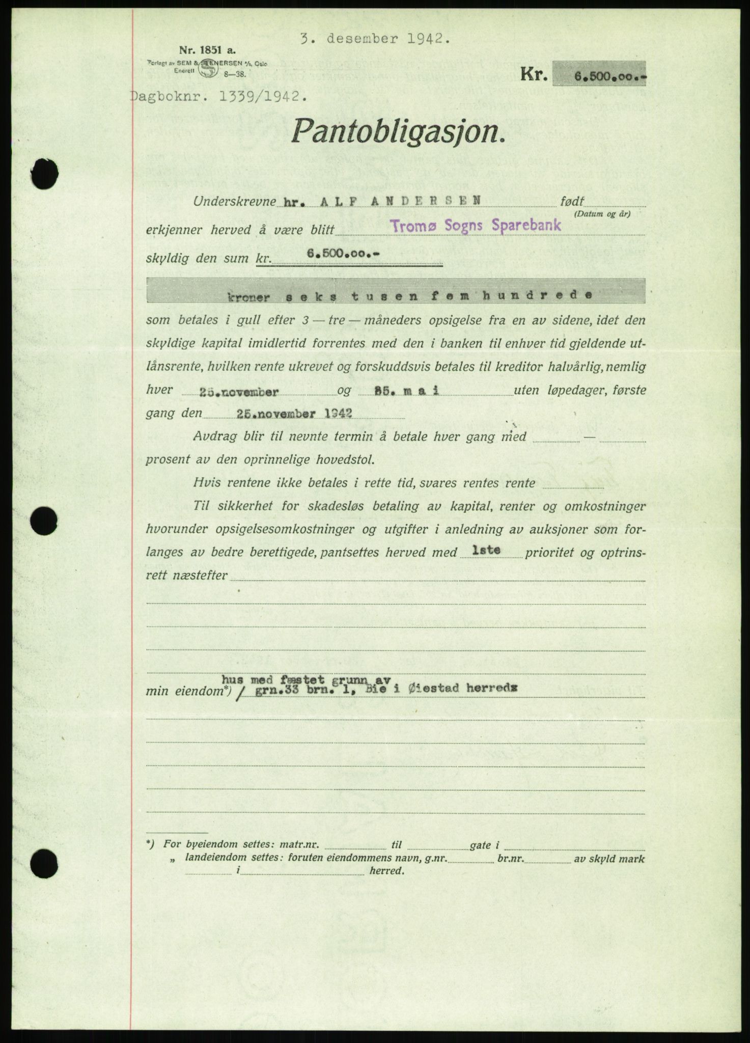 Nedenes sorenskriveri, AV/SAK-1221-0006/G/Gb/Gbb/L0002: Mortgage book no. II, 1942-1945, Diary no: : 1339/1942