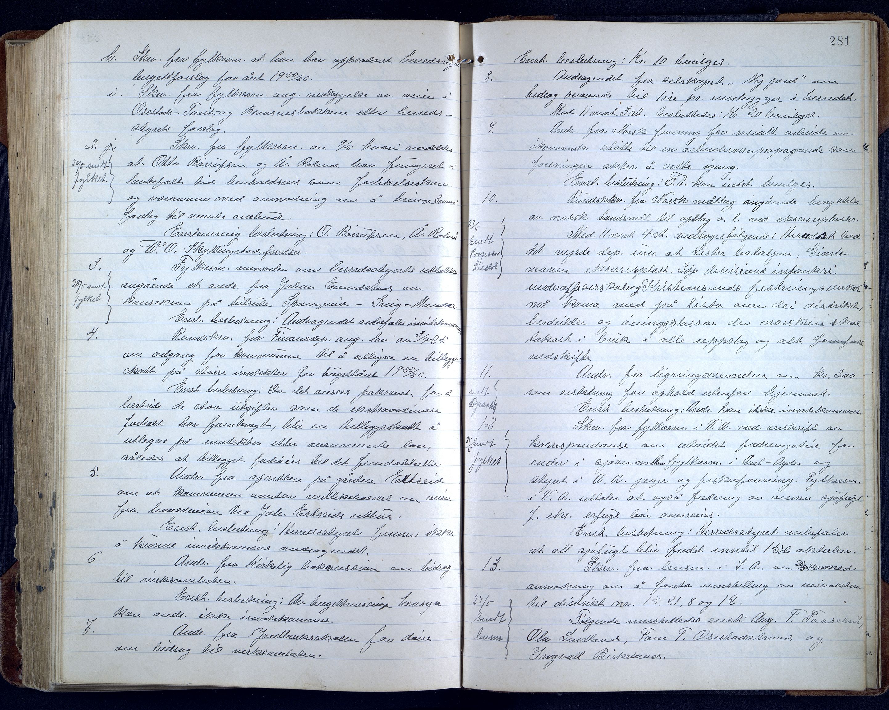 Sør-Audnedal kommune - Formannskapet/Kommunestyret, ARKSOR/1029SØ120/A/L0005: Møtebok, 1916-1925, p. 280b-281a