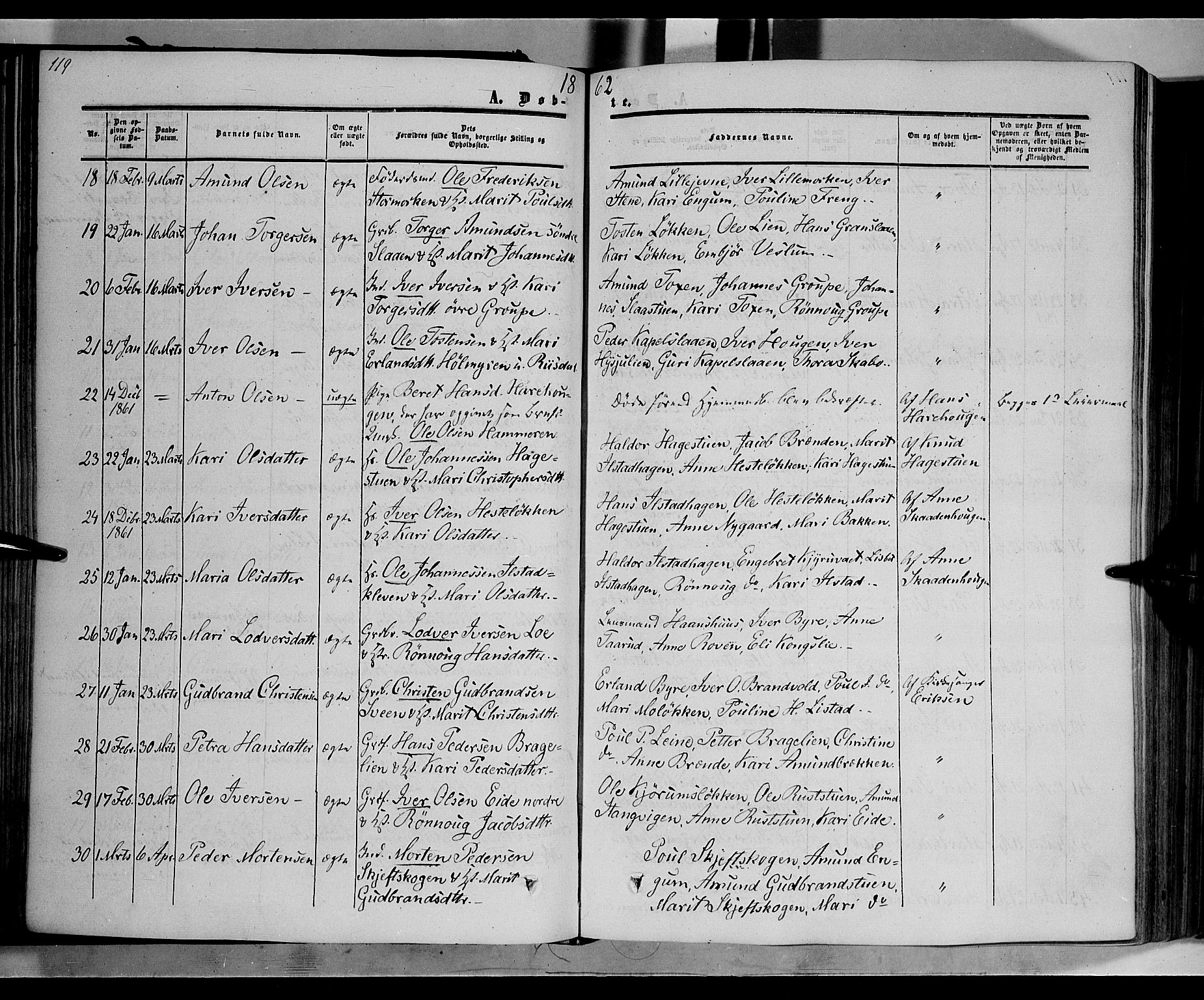 Nord-Fron prestekontor, SAH/PREST-080/H/Ha/Haa/L0001: Parish register (official) no. 1, 1851-1864, p. 119