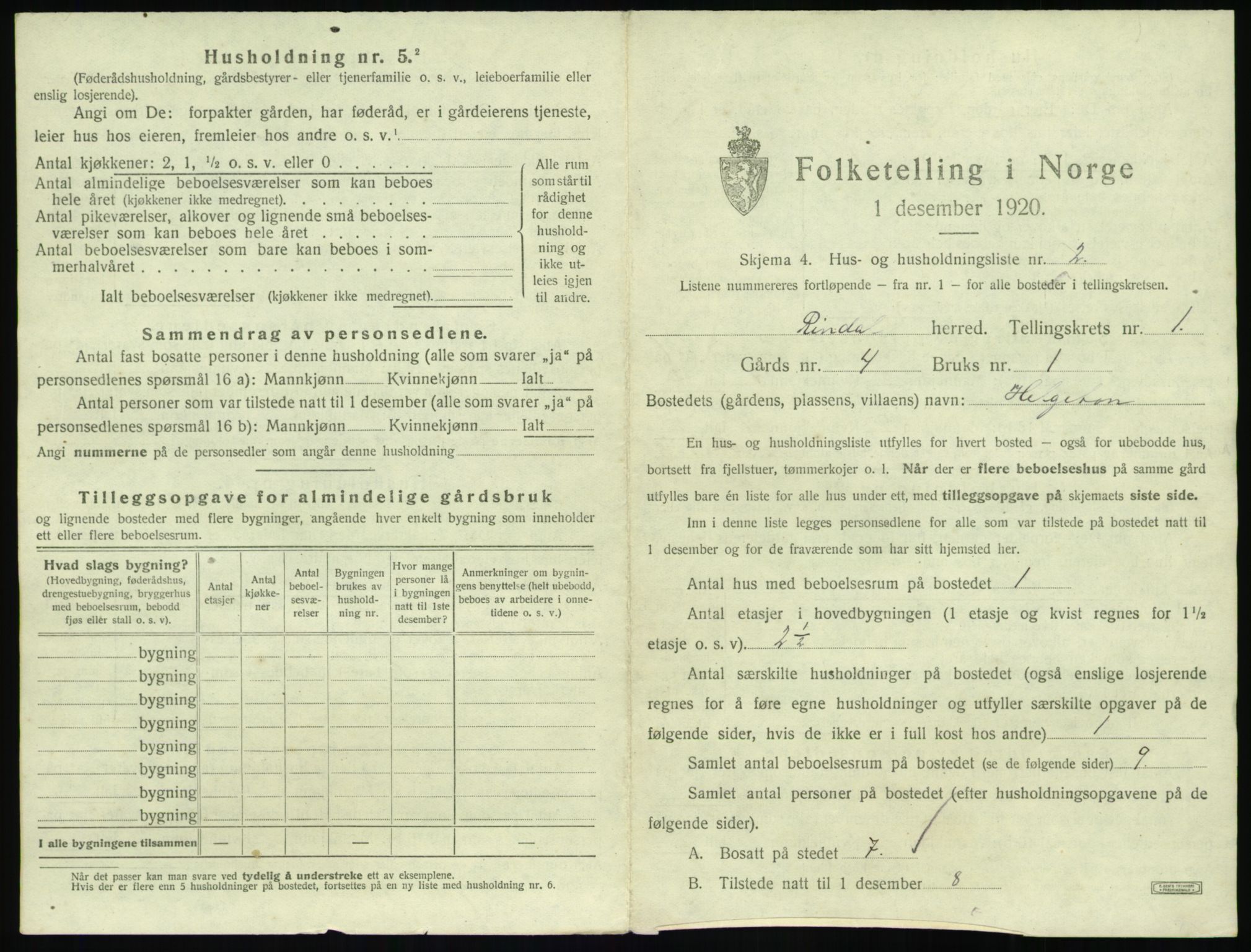 SAT, 1920 census for Rindal, 1920, p. 42